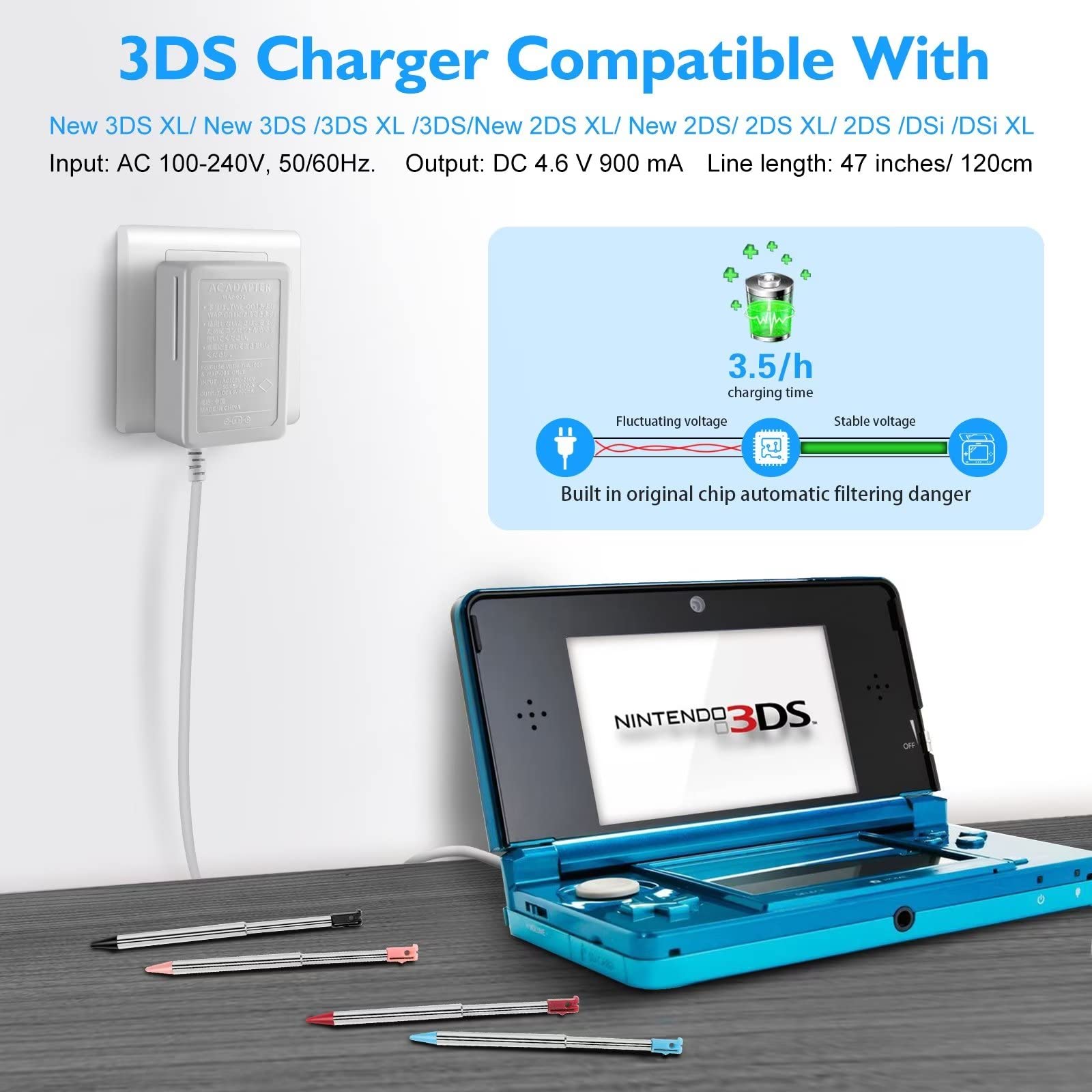 3Ds Charger Kit, 3Ds Metal Retractable Stylus Pen For Nintendo 3Ds/3Ds Xl/3Ds Ll, 3Ds Charger Compatible With Nintendo 3Ds/ New