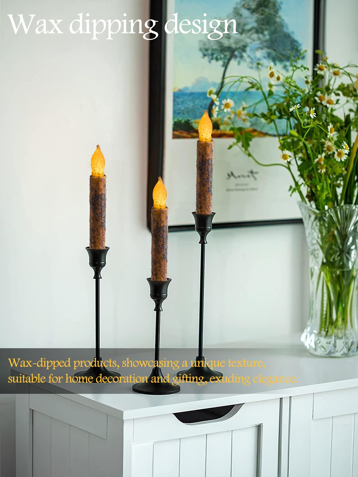 Oneihomm 12 Pcs Primitive Candles Timer, Amber Yellow Flickering Lights, Hand Dipped Real Wax Rustic Taper Candle Battery Operat