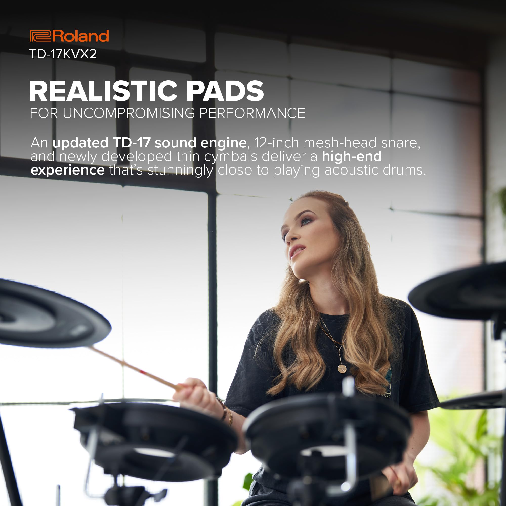 Roland V Quiet 5 Piece Electronic Crashes, Ride & Hi Hat Mounted On Acoustic Stand Td 17Kvx2 Ultimate Generation 2 Drums Kit