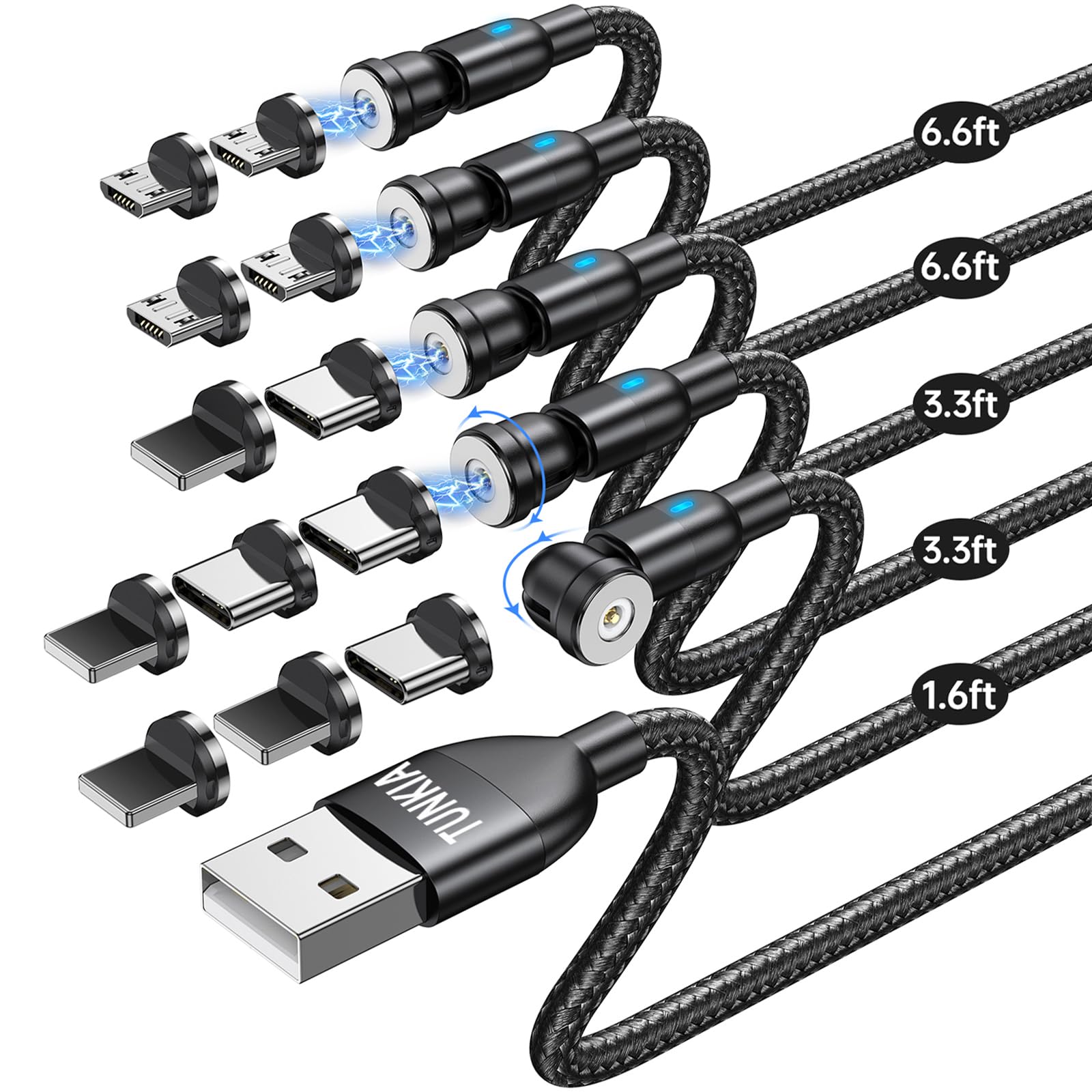 Magnetic Charging Cable (5Pack, 1.6/3.3/3.3/6.6/6.6Ft)/360&180 Rotating Magnetic Usb C Charging Cable/Magnetic Charger Cable/Mag