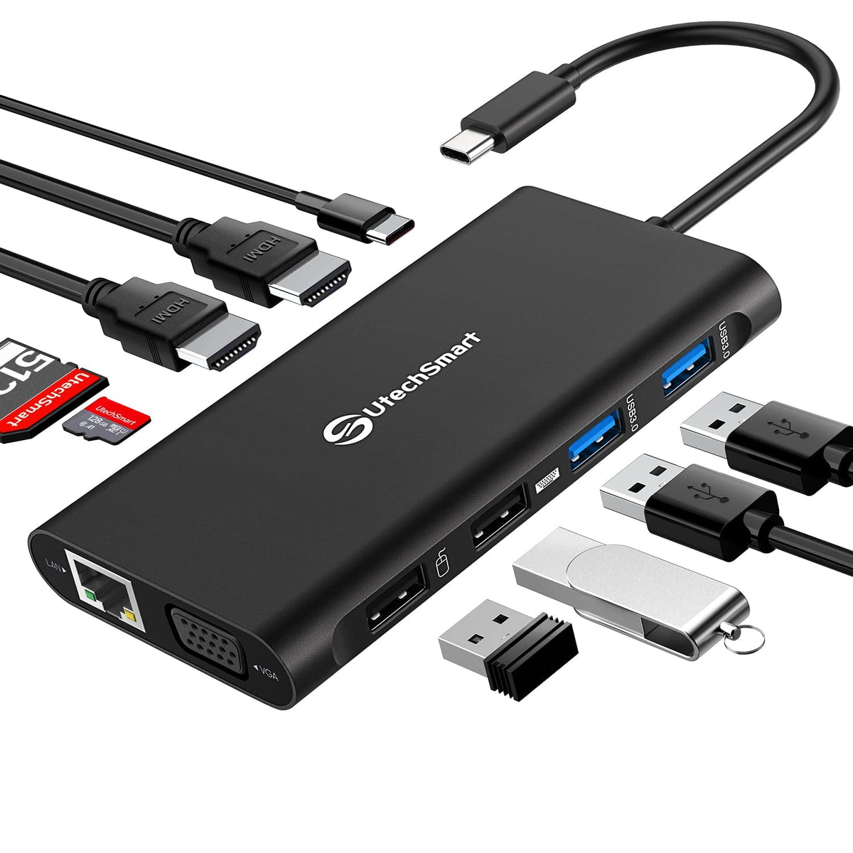 Utechsmart Docking Station, Triple Monitors Usb C Laptop Docking Station, 11 1 Usb C Dock With 2 Hdmi, Vga, Pd3.0, Sd Tf Card Slot, 4 Usb Ports Usb C Adapter Compatible For Macbook & Windows(Black)