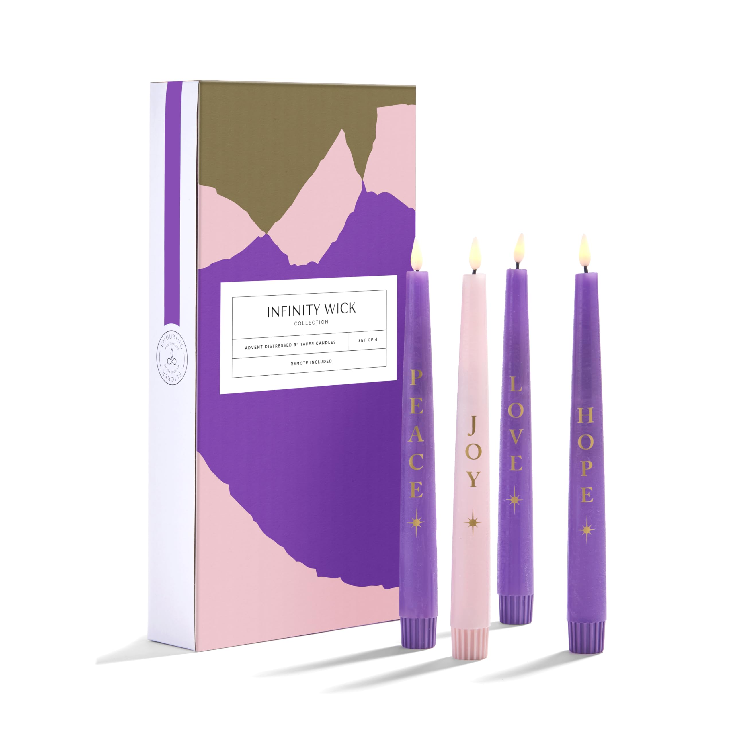 Lamplust Flameless Advent Candles Set Of 4 With Words, 9 Inch Purple & Pink Flameless Candles, Flameless Taper Candles For Adven