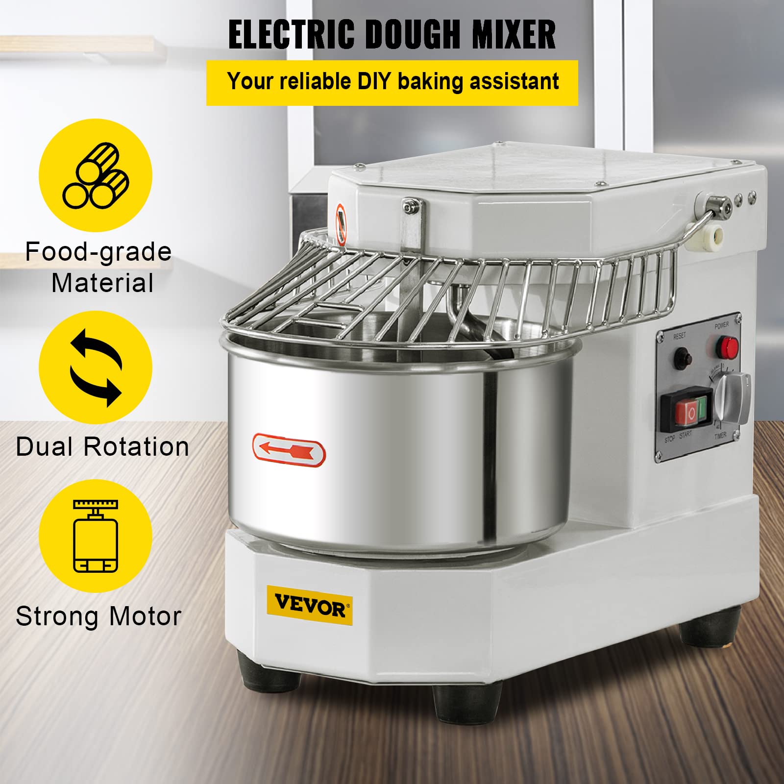 Vevor Commercial Food Mixer, 8.5Qt Capacity, 450W Dual Rotating Dough Kneading Machine With Food Grade Stainless Steel Bowl, Sec