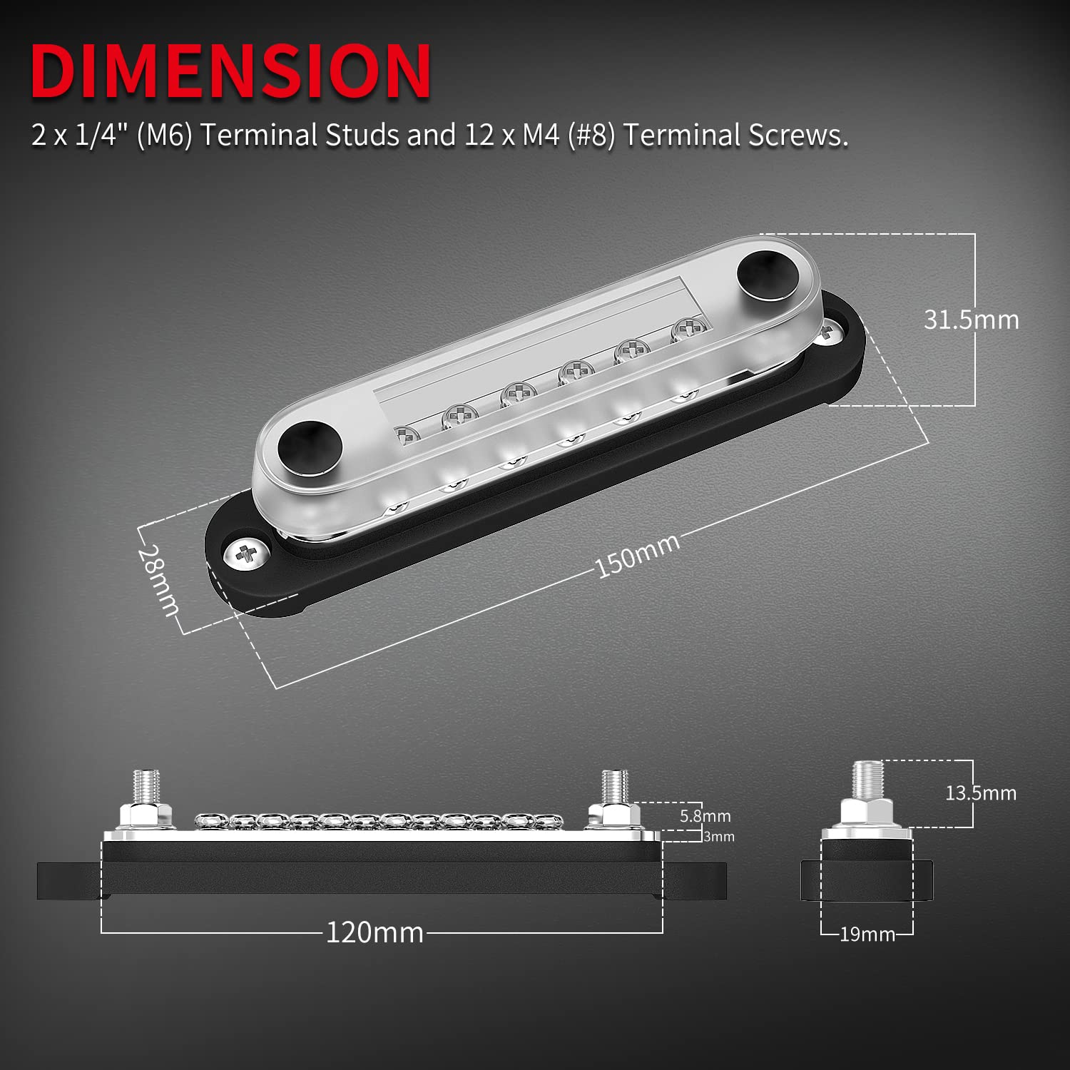 Daiertek 12V Power Distribution Block 2 X 1/4'' (M6) Terminal Studs 12 X M4 (#8) Terminal Screws Battery Bus Bar Terminal Block
