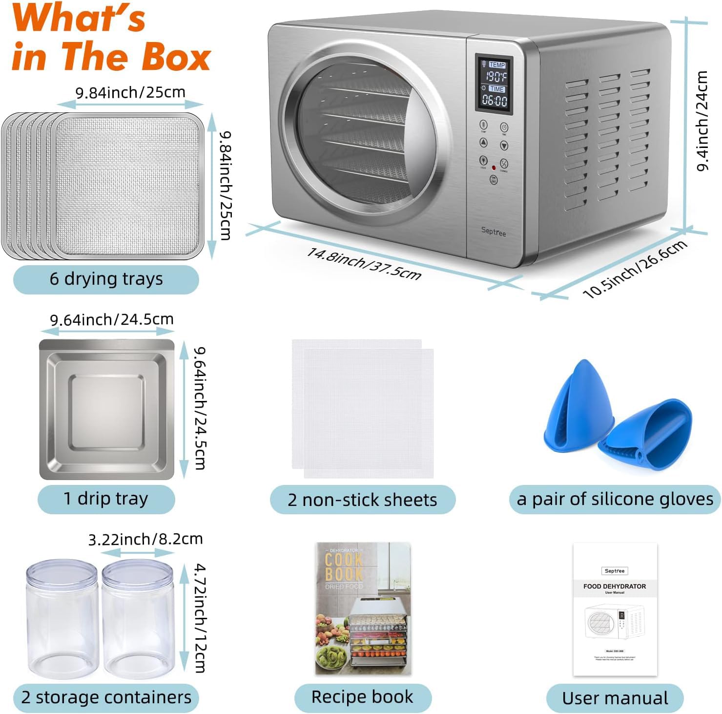 Septree 6 Trays Food Dehydrator, 500W Stainless Steel Meat Dehydrator For Jerky, Fruit Dryer Machine With 190? Temperature Control Adjustable Timer, For Herbs Vegetables Yogurt& Dog Treats, Silver