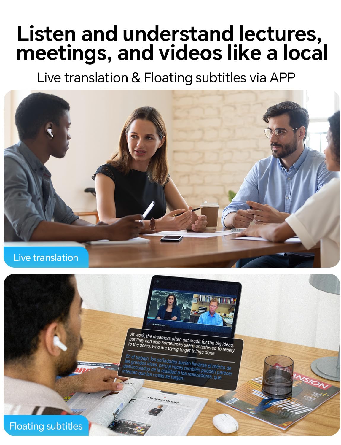 Polypal P1 - Ai Translator Earbuds For Real-Time Speech & Video, Support 138 Languages, Smart Noise Reduction, 7 Versatile Trans