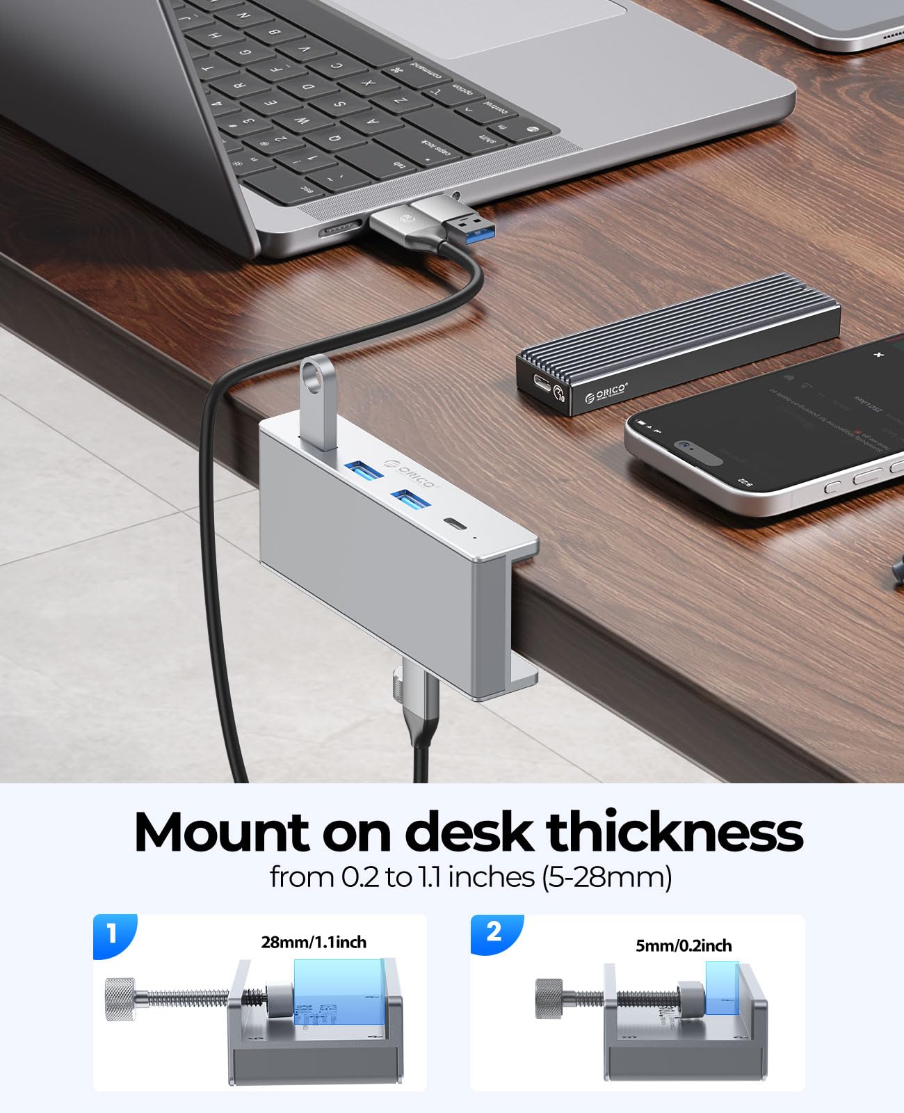 ORICO USB Hub 3.0, Clamp USB Hub with Extra Power Port, Aluminum 4 Port USB Adapter with 3 USB A Data Ports, USB C Port for Monitors, Desks(Silver)