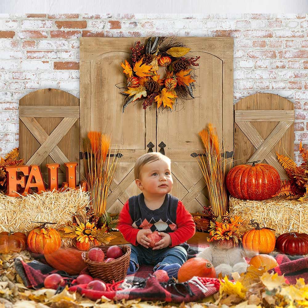 Aibiin Fall Barn Pumpkin Photography Background Rustic Brick Wall Wood Door Backdrop Haystack Decoration Wreath Banner For Kids