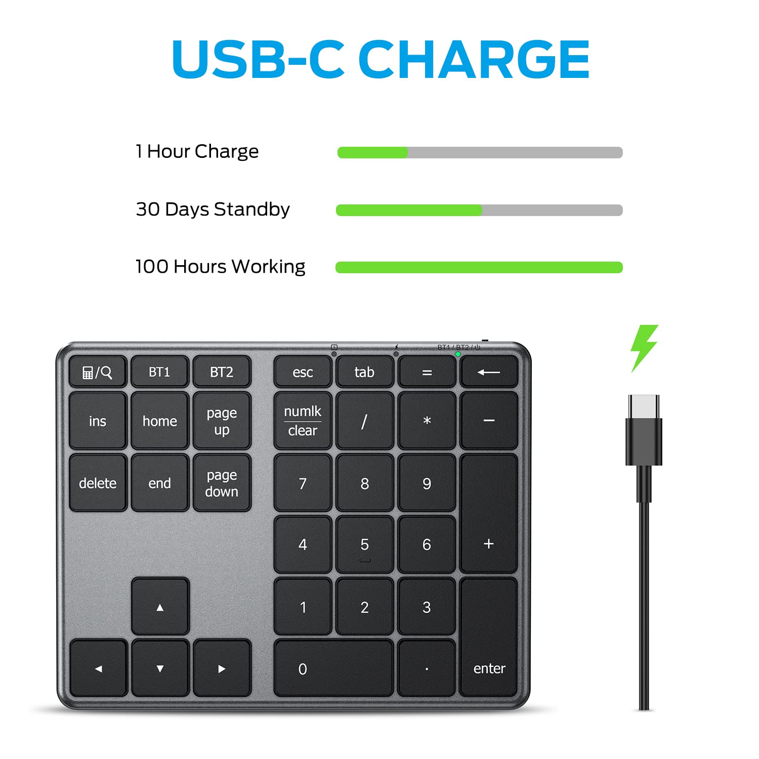 Iclever Number Pad, Aluminum Wireless Number Pad For Multi Devices, Usb C Rechargeable, External 34 Keys Bluetooth Keyboard For
