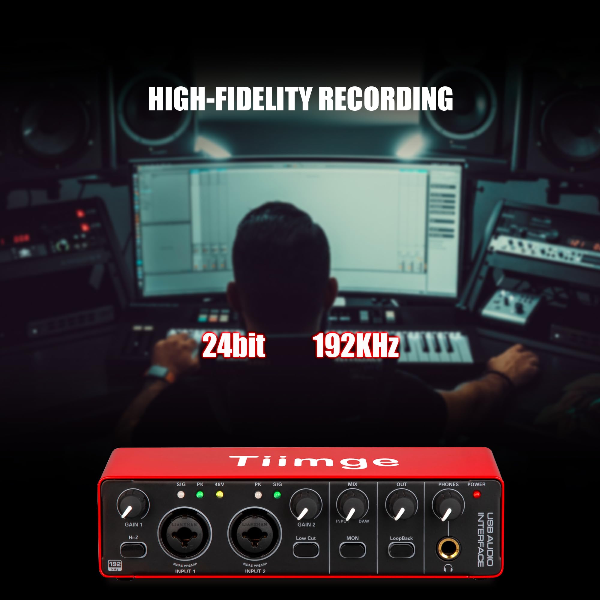 Tiimge 2X2 Usb Audio Interface For Pc, With 48V Phantom Power, 24Bit/192Khz High Fidelity, Mic Preamplifier Xlr/Tsr/Ts Ports, Co