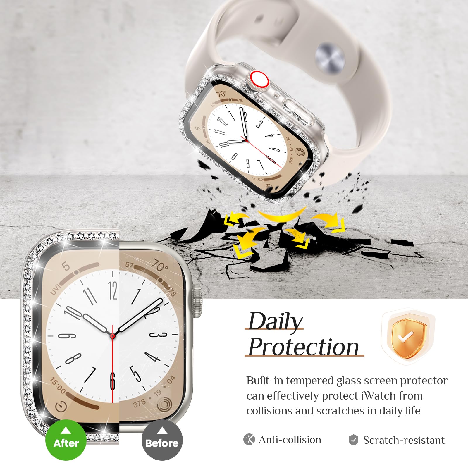 Goton 2 Pack Bling Case For Apple Watch Series 9 8 7 Screen Protector 41Mm, Women Glitter Diamond Rhinestone Bumper Glass Face C