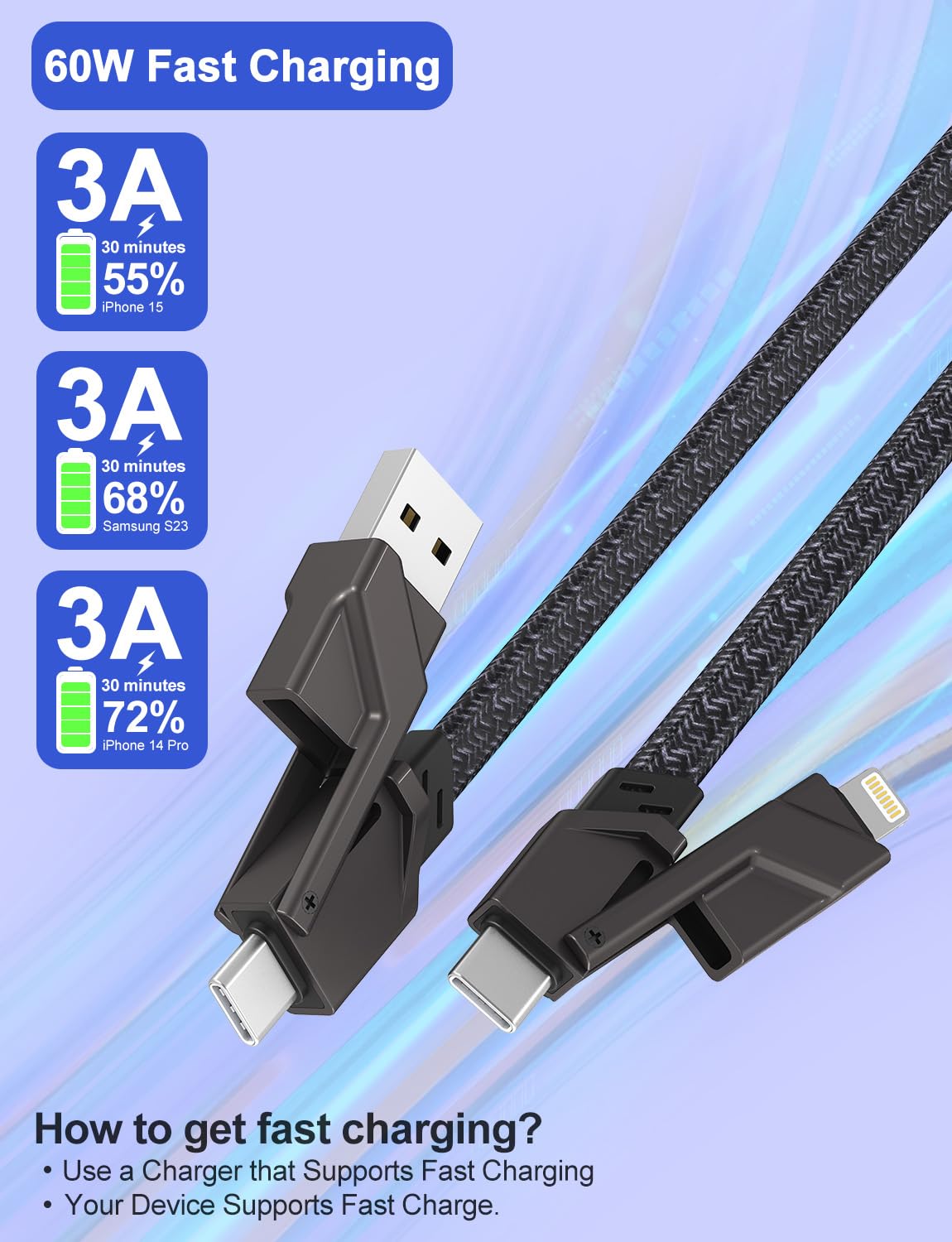 4 In 1 Usb C Cable Lightning Cable 10Ft [60W Fast Charging & Data Sync & Mfi Certified] Flat Braided Apple Car Play Cord & Android Auto Usb C Cable Fast Charging For Macbook, Ipad, Iphone, Samsung