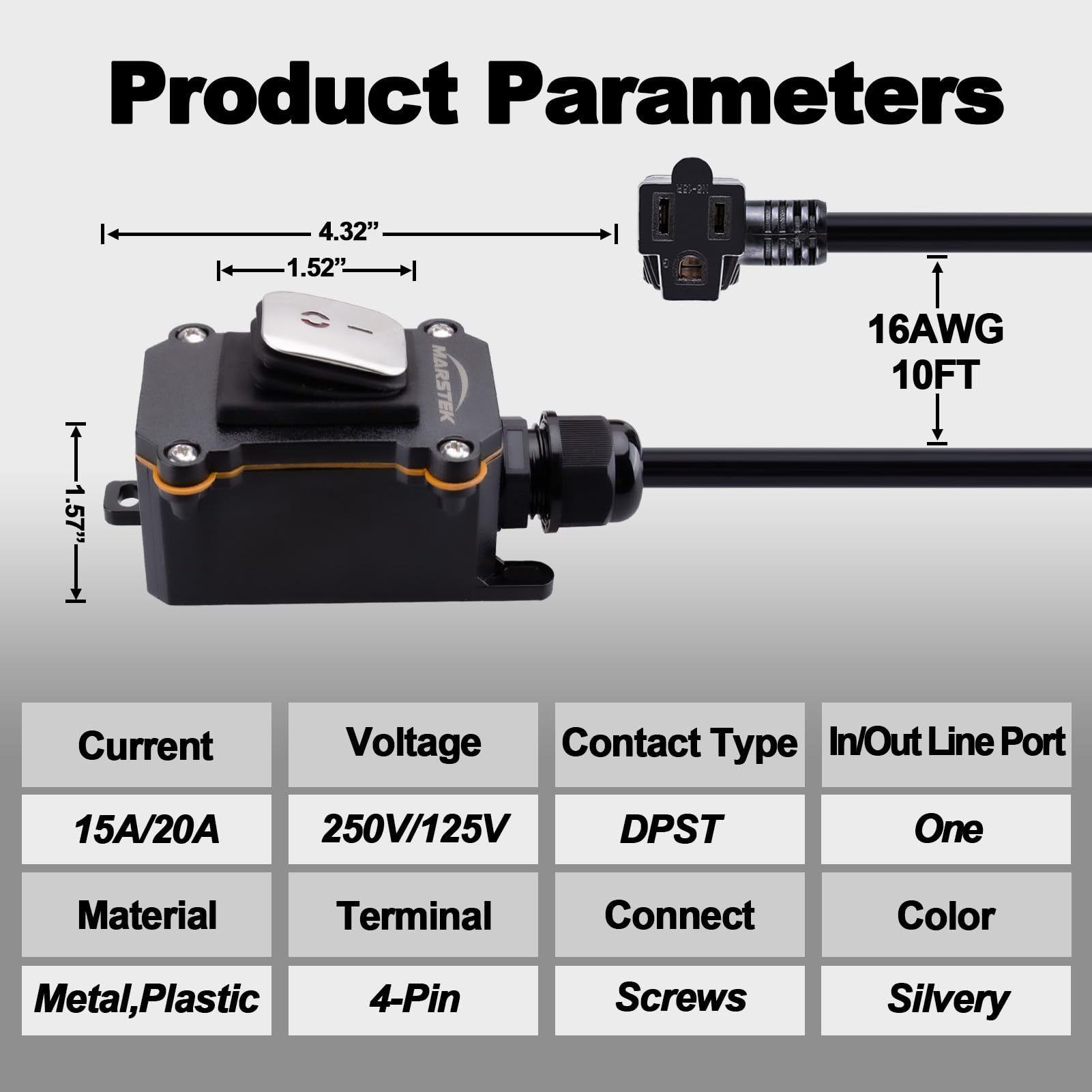Marstek Heavy Duty Waterproof Extension Cord With On/Off Switch,Inline Cord Switch With 3 Ft 16Awg Cable Piggyback Plug(3 Pronge