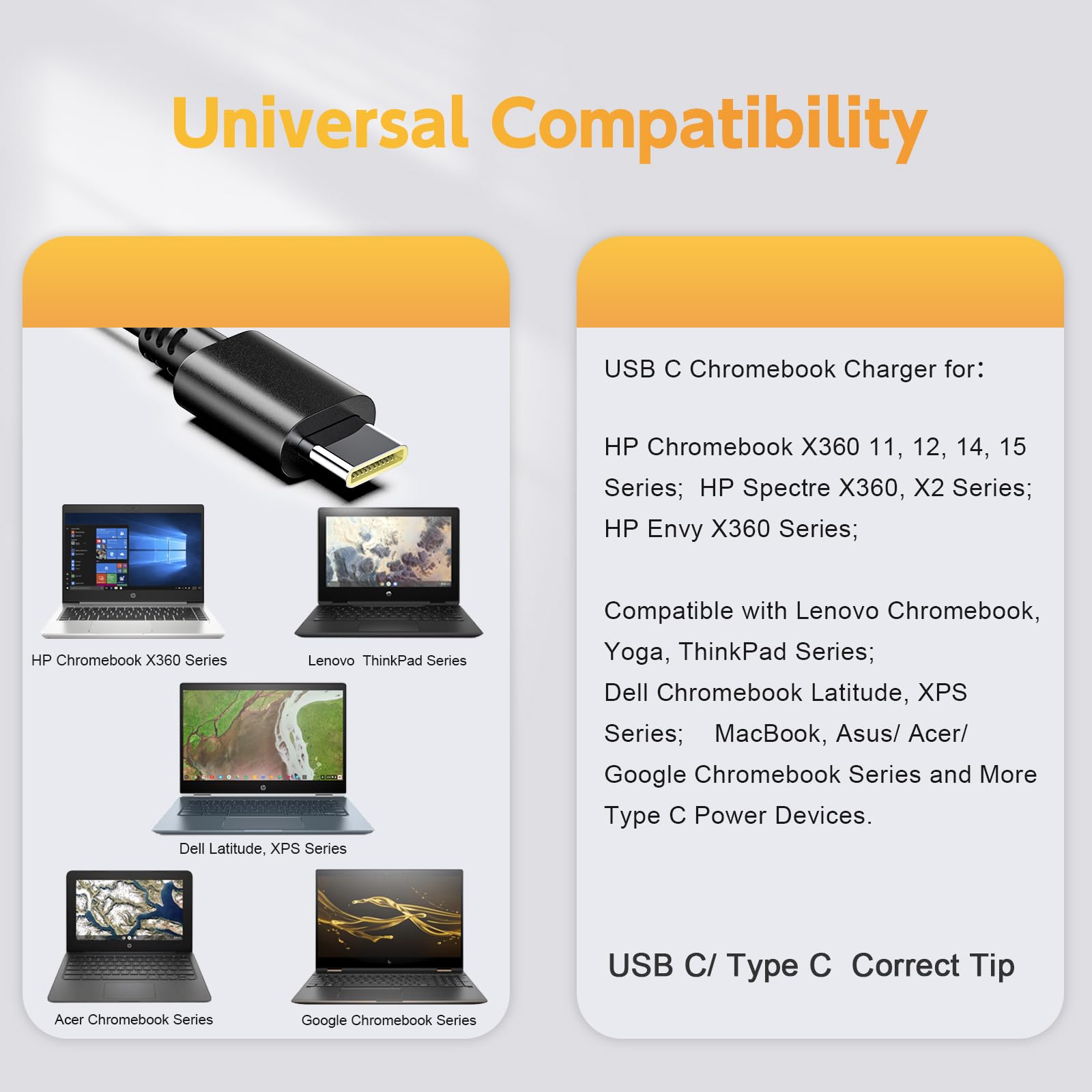 45W Usb C Chromebook Charger For Hp Chromebook, Lenovo Chromebook Thinkpad/Yoga, Asus, Acer, Dell Latitude, Samsung Laptop; Univ