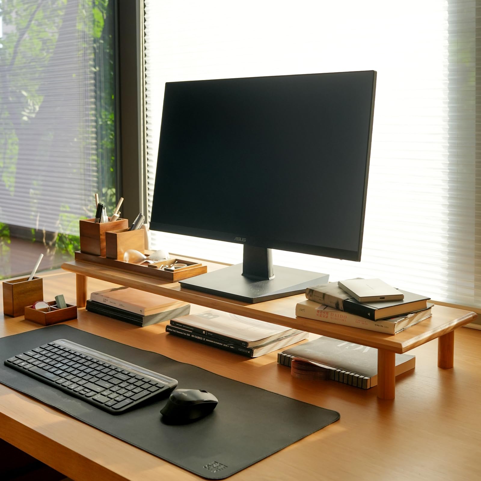 ROCDEER Bamboo Dual Monitor Shelf, Large Natural Stand Riser with Underneath Storage, Supports Up to 300 lbs