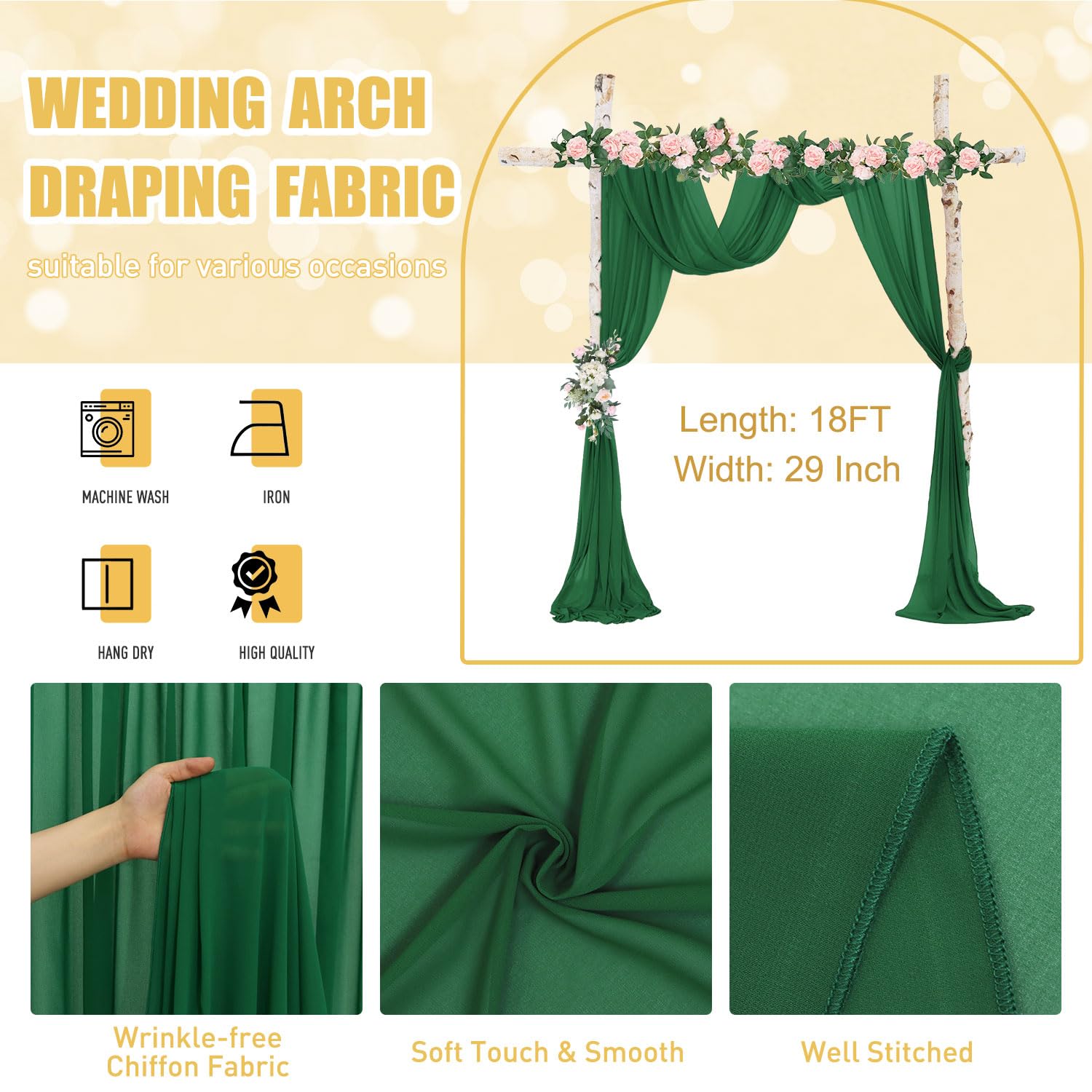 Fuhsy Wedding Arch Draping Fabric 18Ft 2 Panels Emerald Green Chiffon Fabric Drapery Sheer Curtains For Backdrop Green Drapes Tu