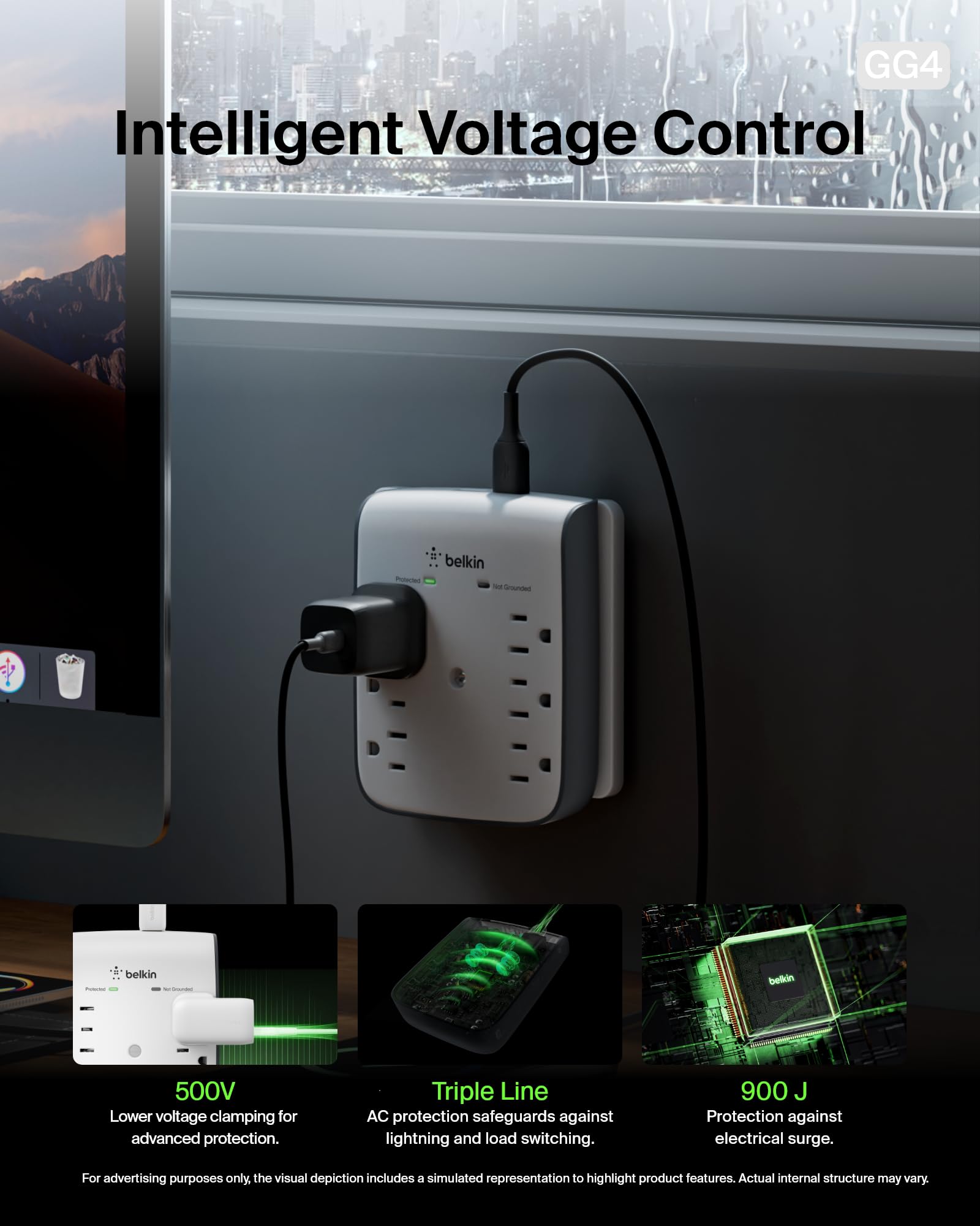 Belkin 6-Outlet Wall Surge Protector W/ 2 Usb-A Ports, Wall-Mountable Surge Protector For Home, Office, Travel, Computer Desktop