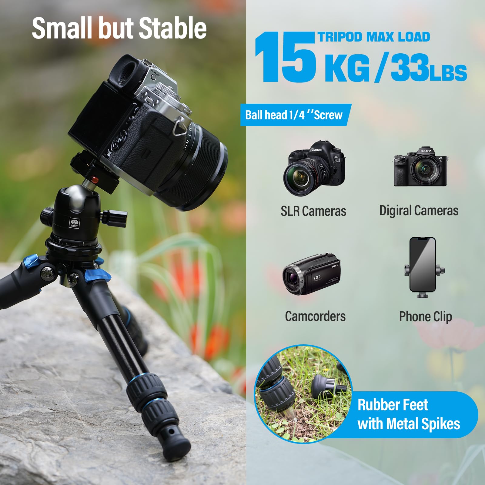 Sirui Am203 Mini Travel Tripod With 360 B00K Ball Head, Aluminum Tabletop Tripod For Camera, Max Load 33Lbs/15Kg, Folded Height