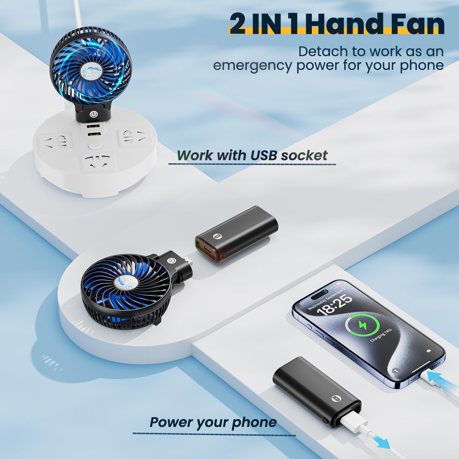 Handfan Portable Handheld Fan With Power Bank, 2 In 1 Hand Fan, 5200Mah Rechargeable Battery Operated, Personal Foldable Makeup