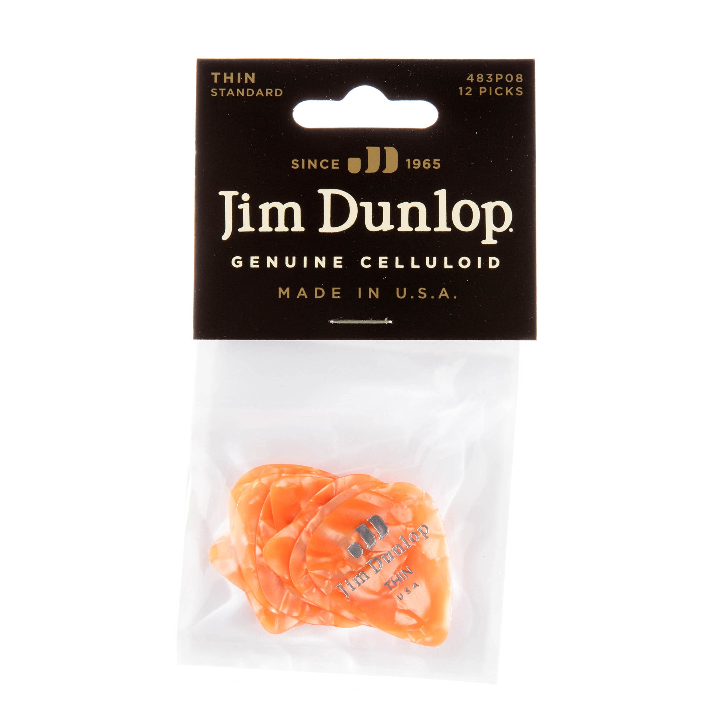 Jim Dunlop 483R08Th Genuine Celluloid, Orange Pearloid, Thin, 12/Player'S Pack