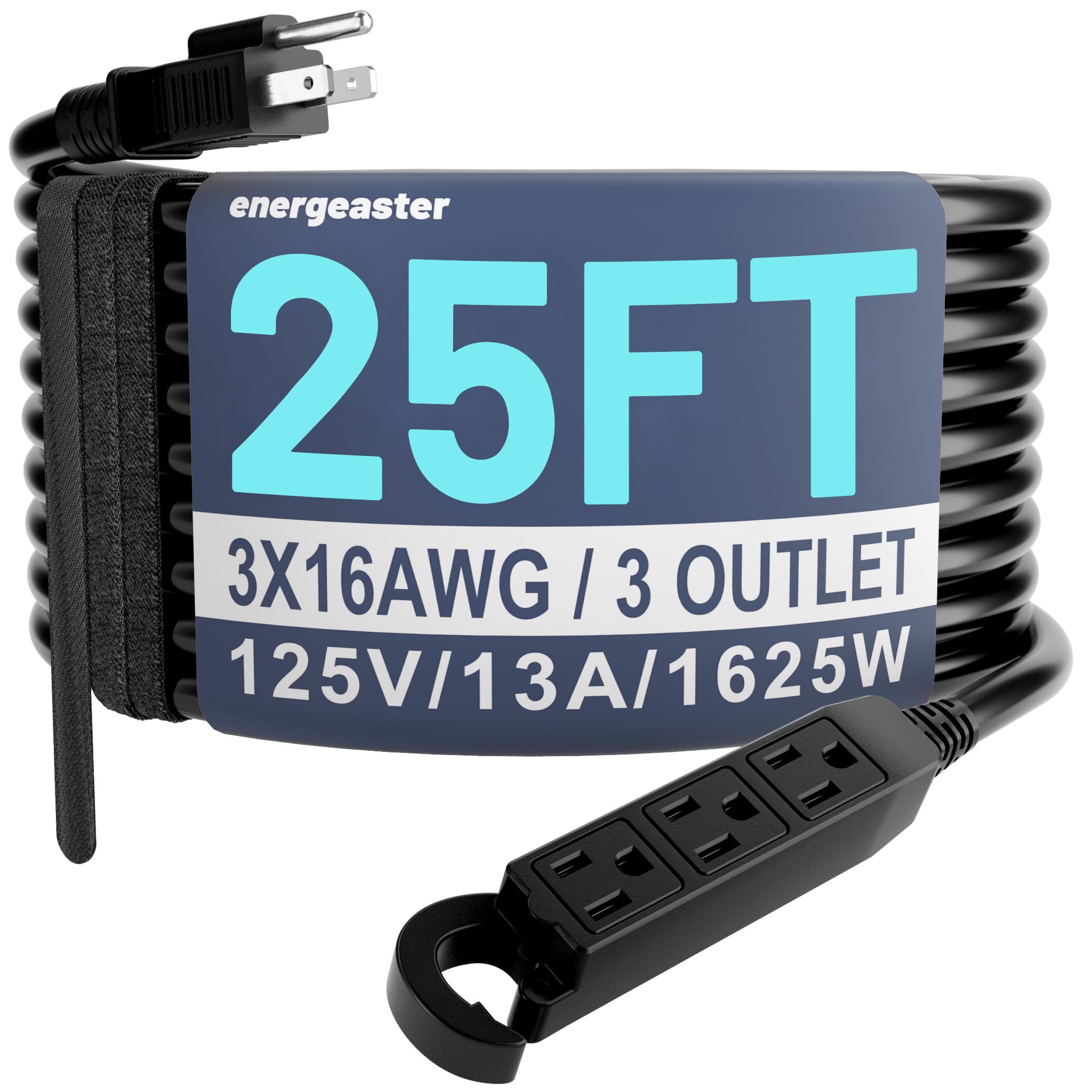 Energeaster 16/3 25 Ft 3 Outlet Extension Cord Outdoor Waterproof, Black Extension Cords With Multiple Outlets, 3 Prong Electric