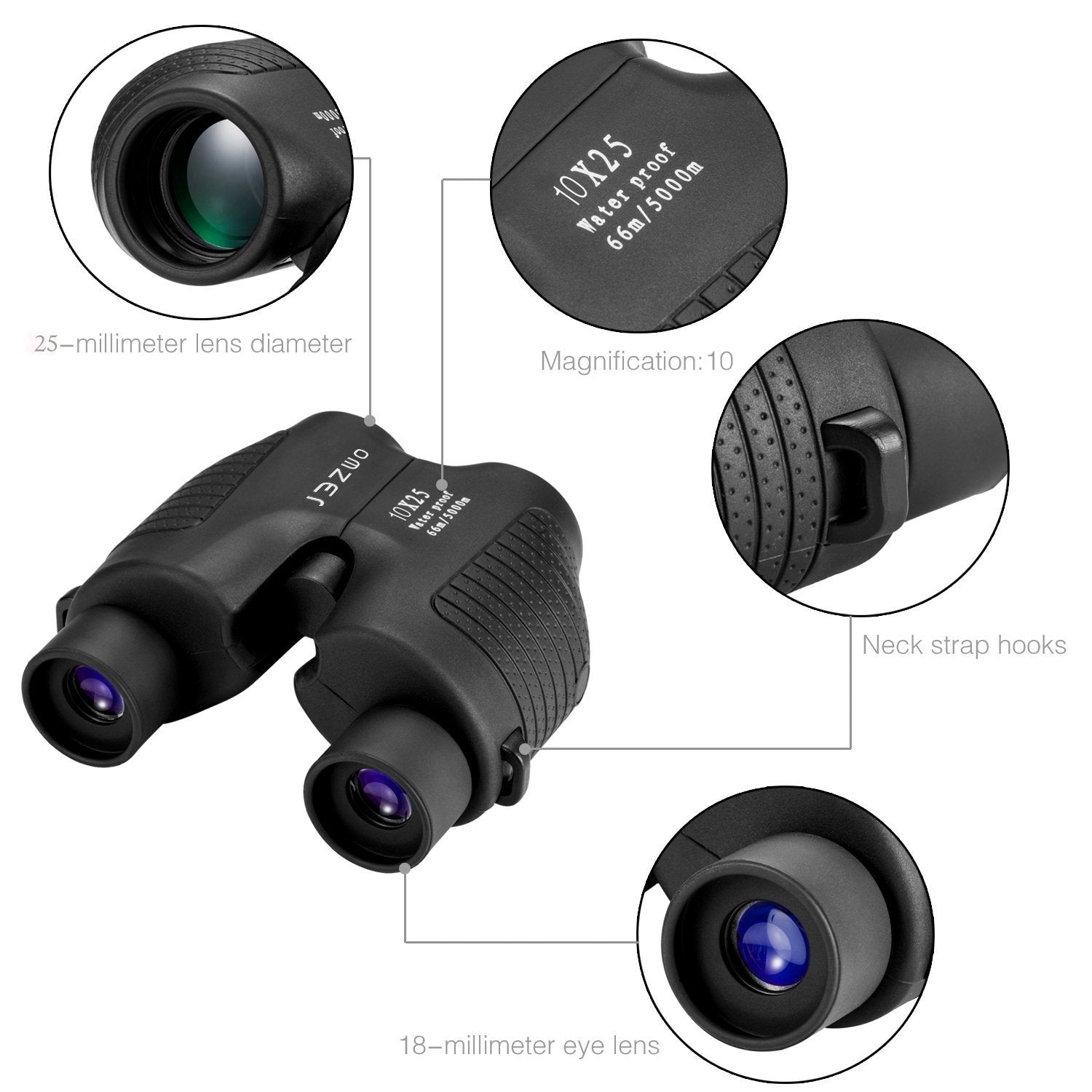 Omzer 10X25 Automatic Fixed Focus Binocular With Low Light Night Vision,High Power Waterproof Compact Auto Focus Binoculars Fit
