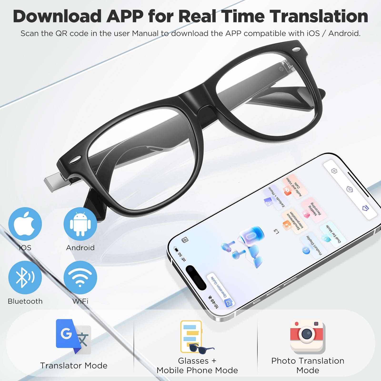 Anpress Smart Glasses Men Women Ai Bluetooth Glasses With 164 Languages & Accents Real Time Translation, Ai Translator Glasses W