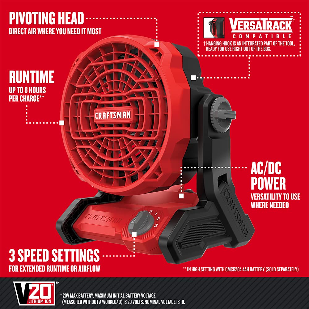 Craftsman 20V Max* Cordless Fan, Tool Only (Cmce001B), Red