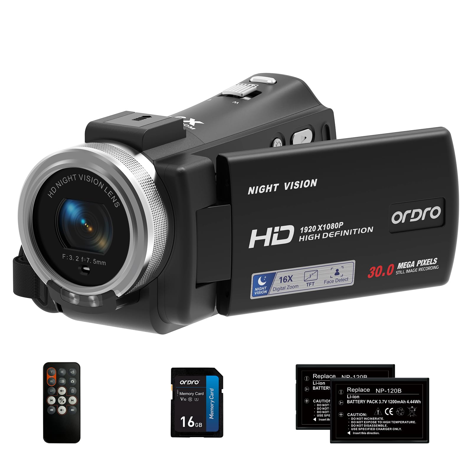 Ordro Camcorders Hdv V12 Hd 1080P Video Camera Recorder Infrared Night Vision Camera Camcorders With 16G Sd Card And 2 Batteries