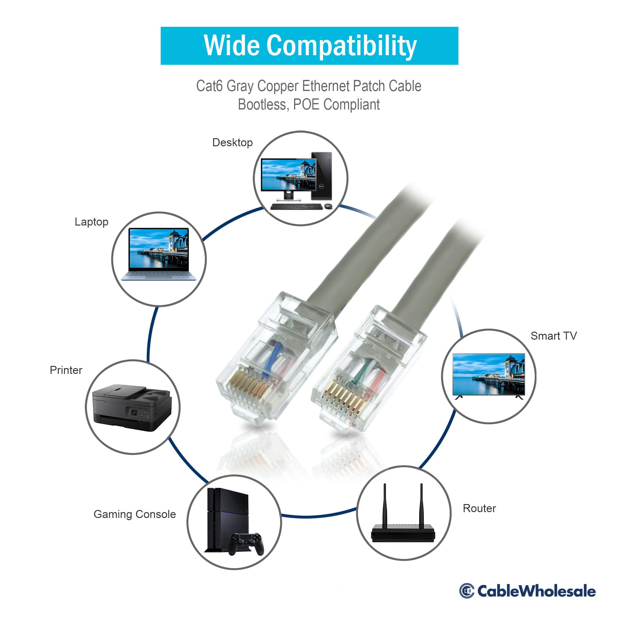 Cablewholesale 1 Foot Cat6 Gray Ethernet Patch Cable, Bootless, 24Awg Network Cable With Rj45 Gold Plated Connector, 4 Pair Stra