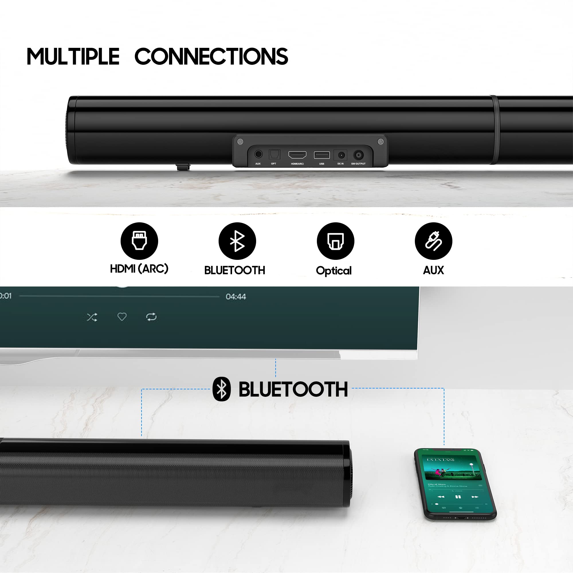 Sound Bar For Tv, Pheanoo 2.1 Ch Soundbar With Subwoofer, Hdmi(Arc)/Bluetooth 5.0/Optical/Aux Connectivity   D5