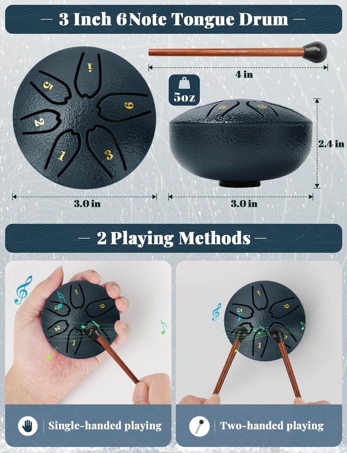 Steel Tongue Drum: 3 Inch 6 Notes Rain Instrument For Outdoor Use, Hang Handpan For Kids, Sound Healing Meditation (Navy Blue)