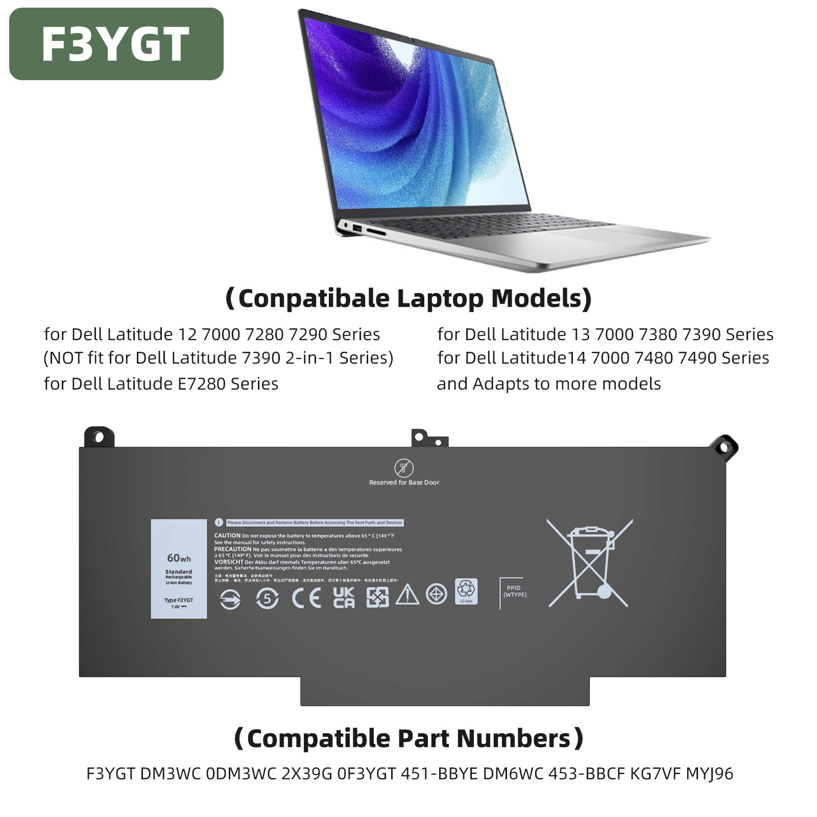 Jgtm F3Ygt Battery For Dell Latitude 7480 7490 7380 7390 7280 7290 Series Dm3Wc 0Dm3Wc Dm6Wc 2X39G Kg7Vf V4940 451 Bbye 453 Bbcf