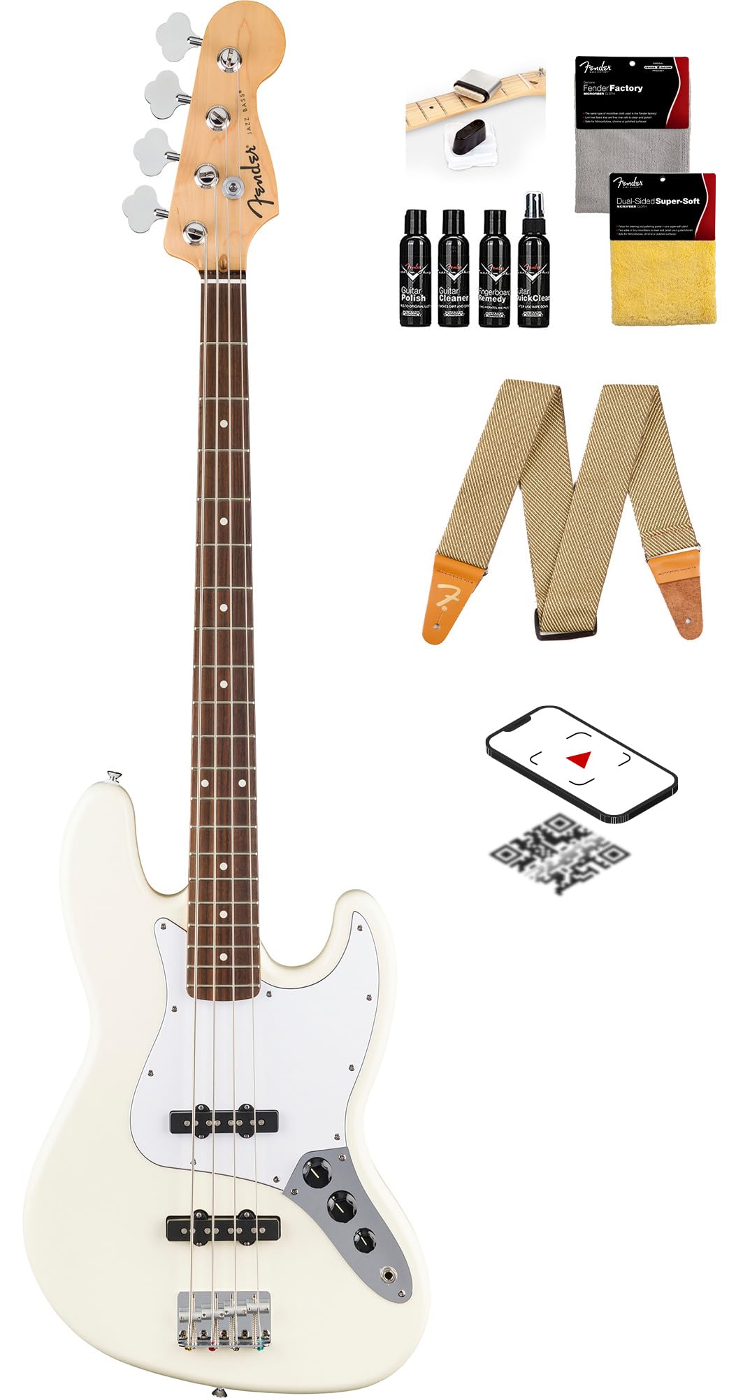 Fender Standard Jazz Bass - Olympic White Bundle with Strap, Guitar Cleaning Kit and Austin Bazaar Instructional Video