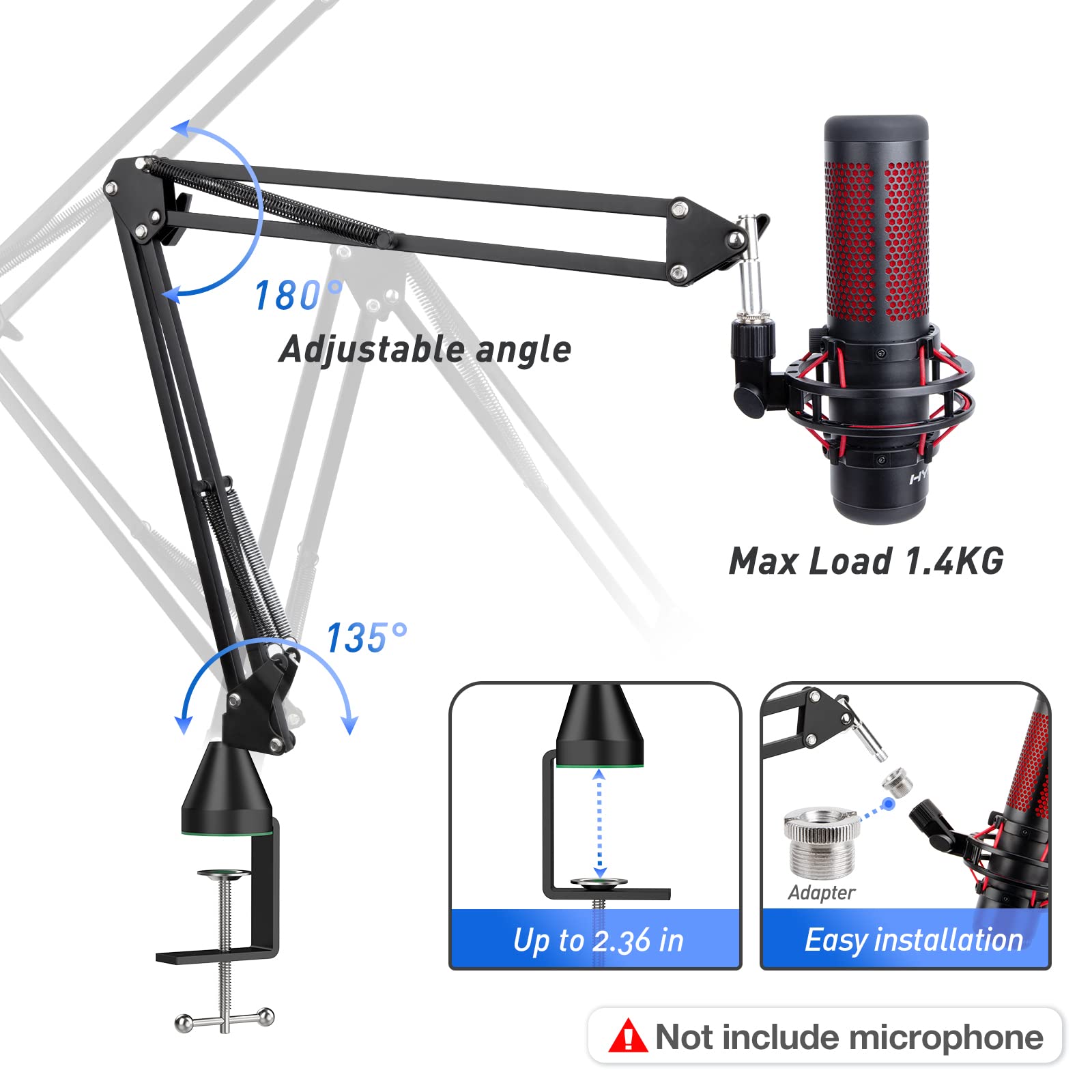 Boom Arm Mic Stand For Hyperx Quadcast,Adjustable Suspension Microphone Stand For Quadcast, Quadcast S   Upgrade C Clamp, 2 Cabl