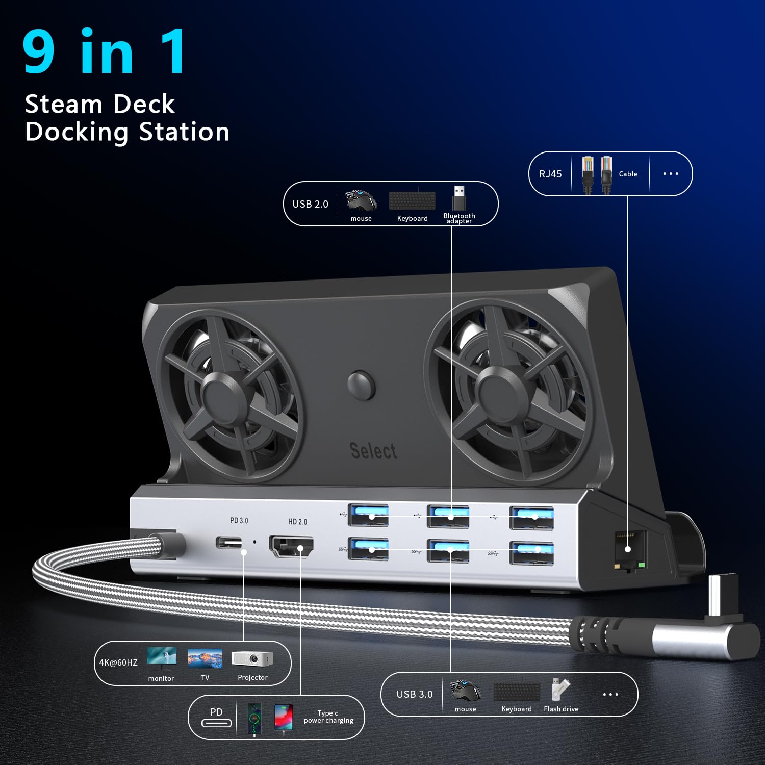 9 In 1 Steam Deck Docking Station For Steam Deck/Rog Ally/Switch/Legion Go Dual Cooling Fans 4K@60Hz,6 Usb Ports,1000Mbps,Type C 100W Pd 40Gbps Adapter