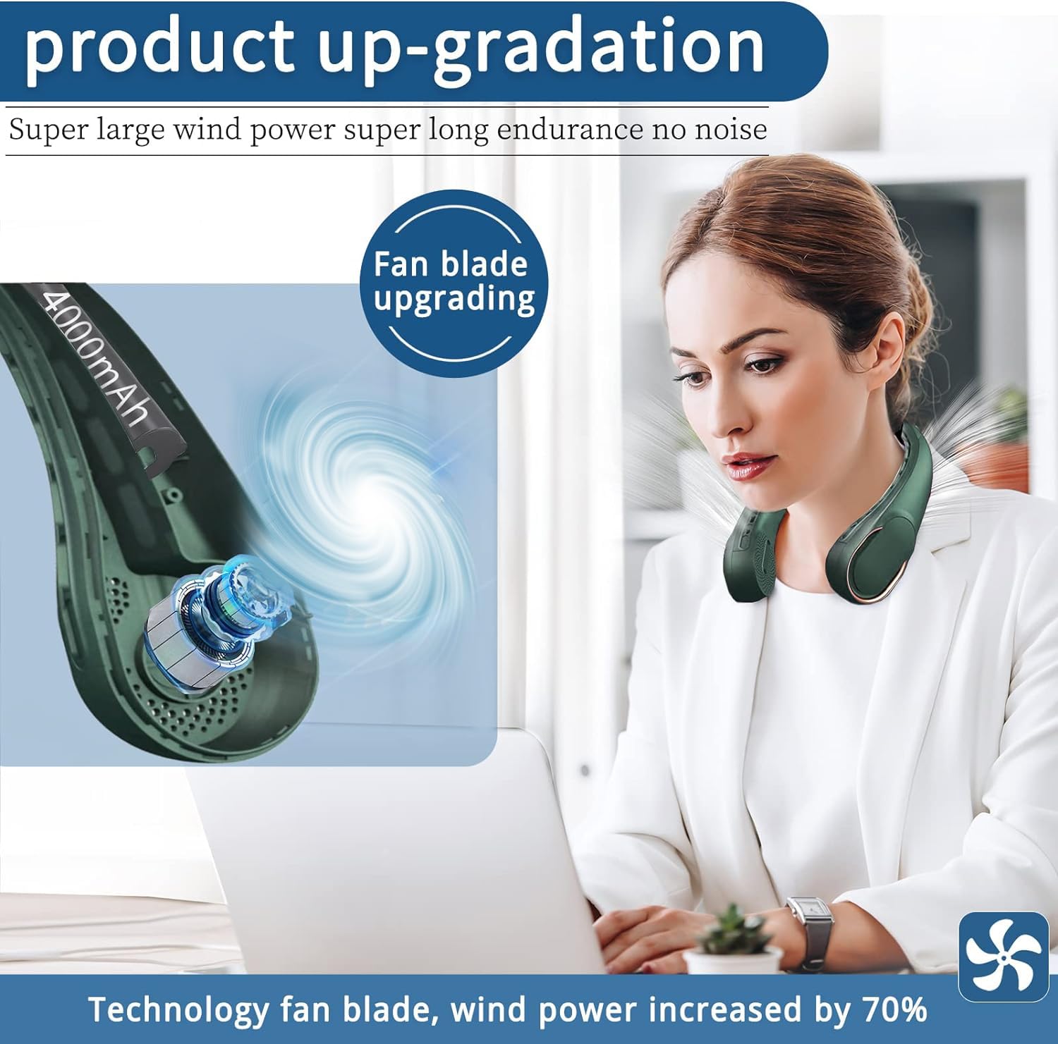 Asnug Neck Fan,Portable Bladeless, Usb Rechargeable Personal Fan, 4000 Mah Battery Operated Neck Fan, 3 Speeds Adjustable,Faster