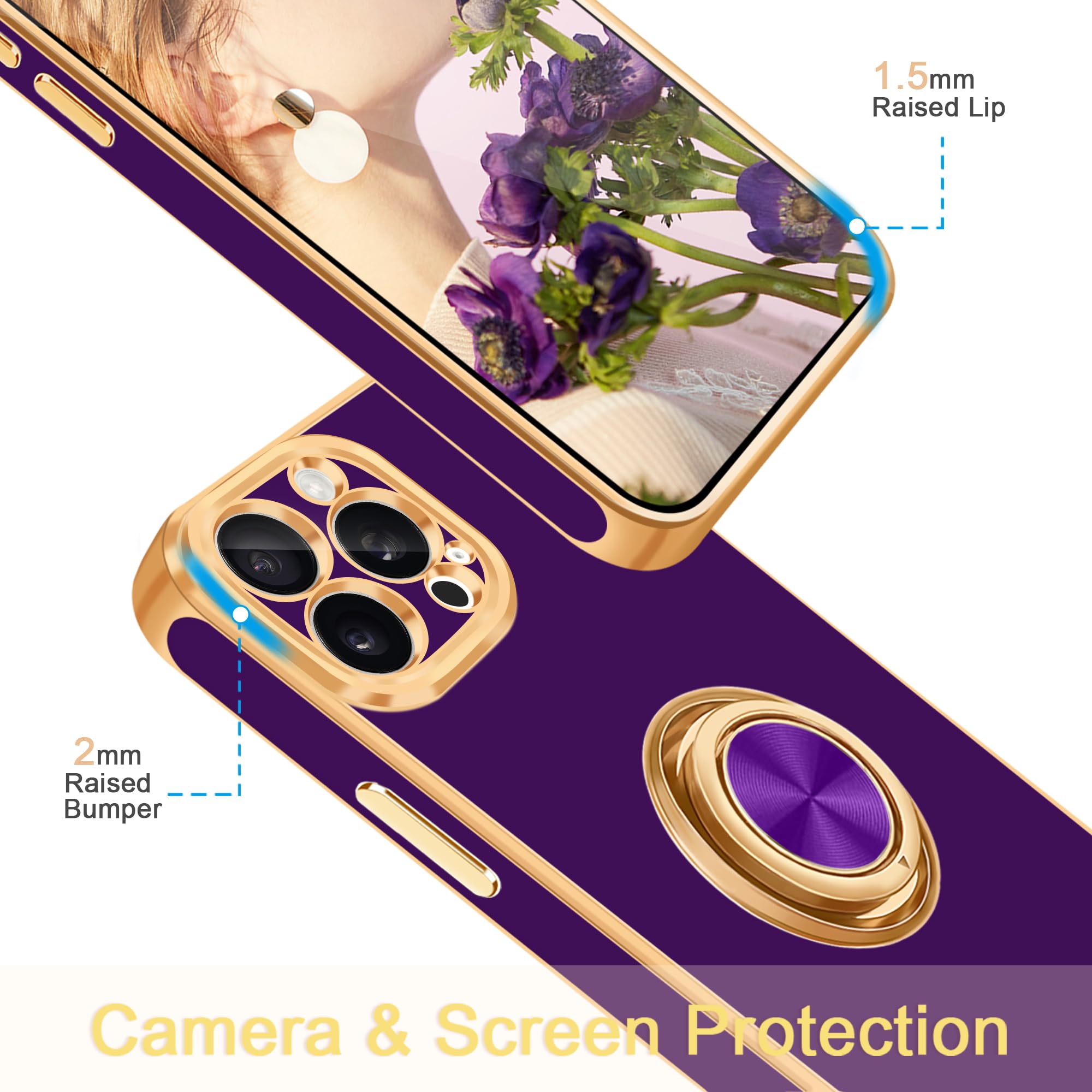 Fingic For Iphone 15 Pro Max Phone Case[With 360Ring Holder][Support Magnetic Car Mount]Cute Kickstand Slim For Women Nonslip Tp