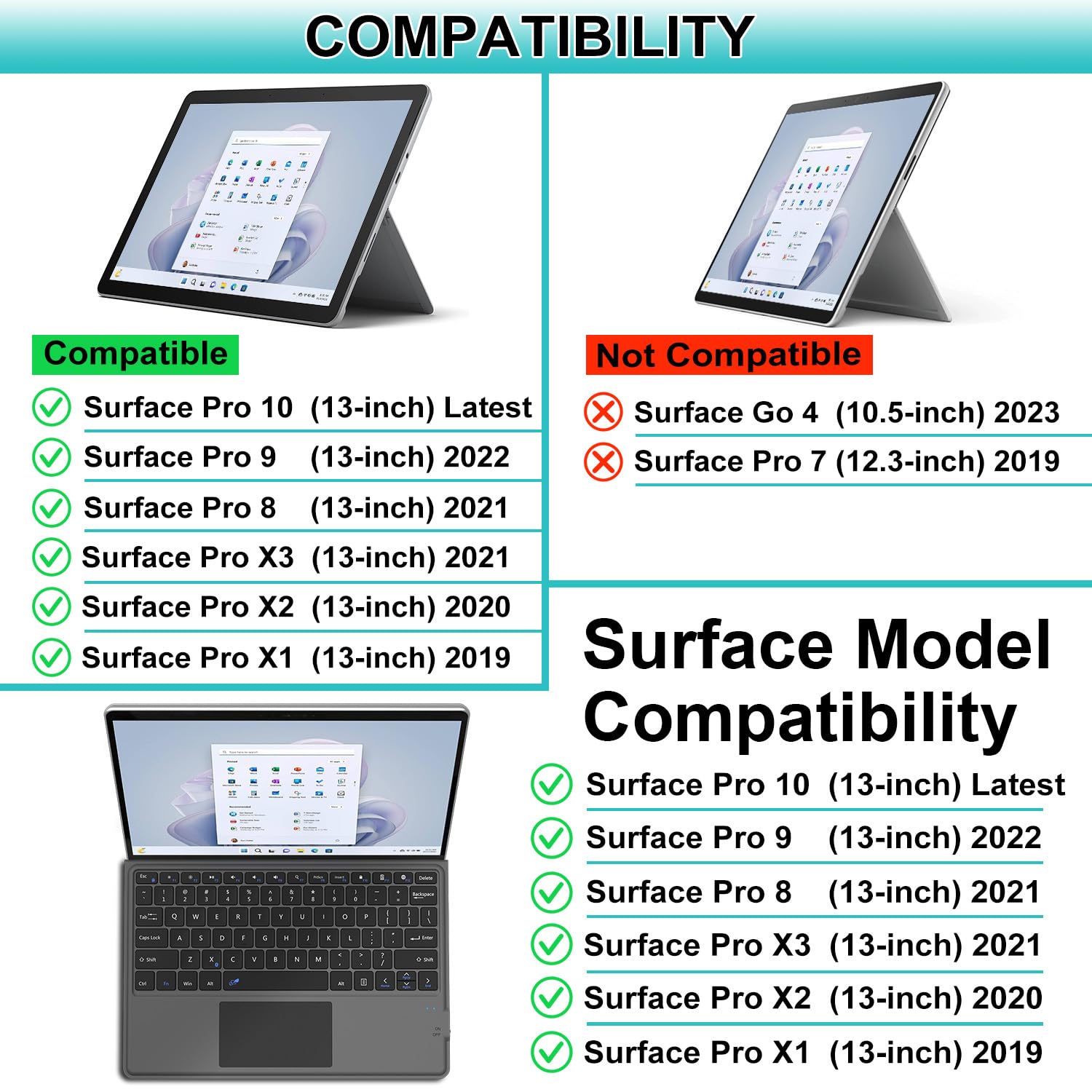 Arteck Microsoft Surface Pro Keyboard Type Cover, Ultra Slim Portable Bluetooth Wireless Keyboard For Latest Surface Pro 10, Pro