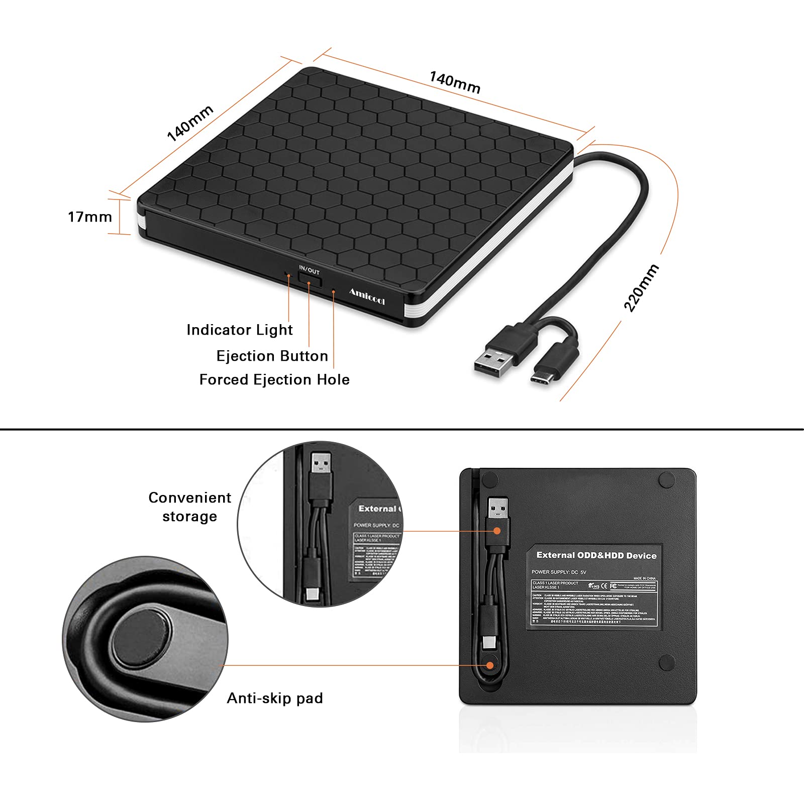 External Dvd Drive, Amicool Usb 3.0 Type C Cd Dvd +/ Rw Optical Drive Usb C Burner Slim Cd/Dvd Rom Rewriter Writer Reader Portable For Pc Laptop Desktop Macbook Mac Windows 7/8.1/10 Linux Os Apple