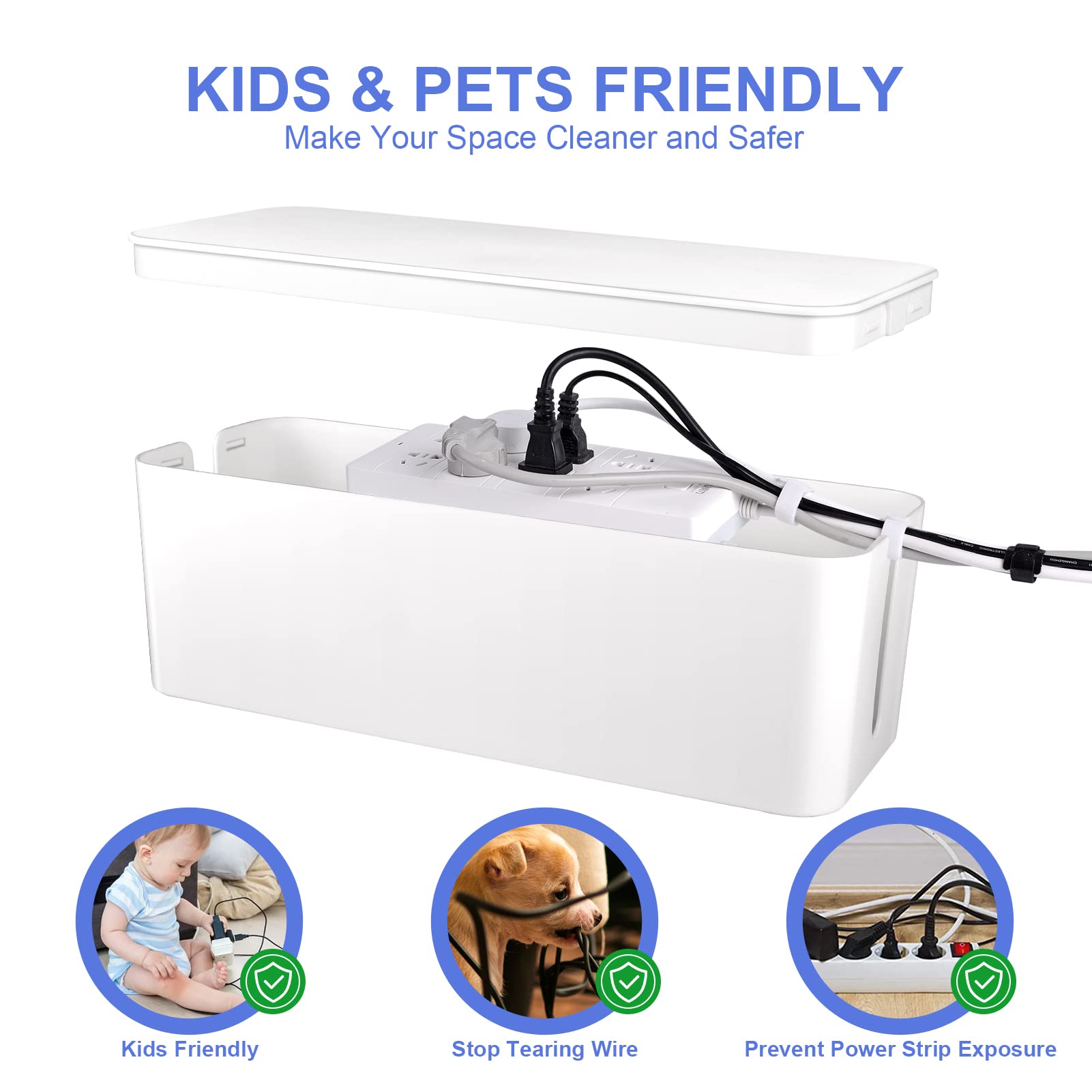 Chouky Cable Organizer Box Set Of Three, Power Cover Cord Holder Surge Protector For Desk (White)