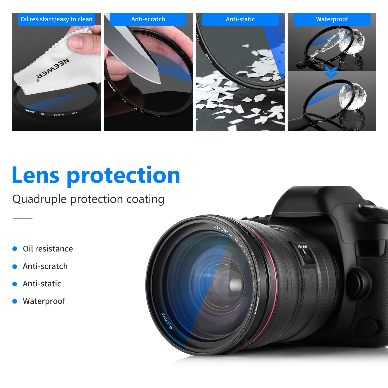 Neewer 58Mm Mrc Uv Protection Filter 30 Layers Nano Multi-Resistant Coatings/Hd Optical Glass/Water Repellent/Scratch Resistant/