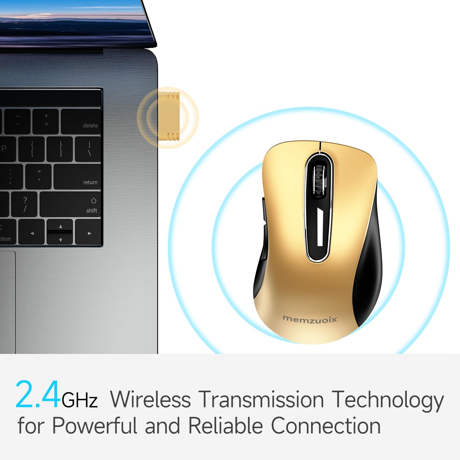 Memzuoix 2.4G Wireless Mouse, 1400 Dpi Mobile Optical Cordless Mouse With Usb Receiver, Portable Computer Mice Wireless Mouse For Laptop, Pc, Desktop, Macbook, 5 Buttons (Gold)