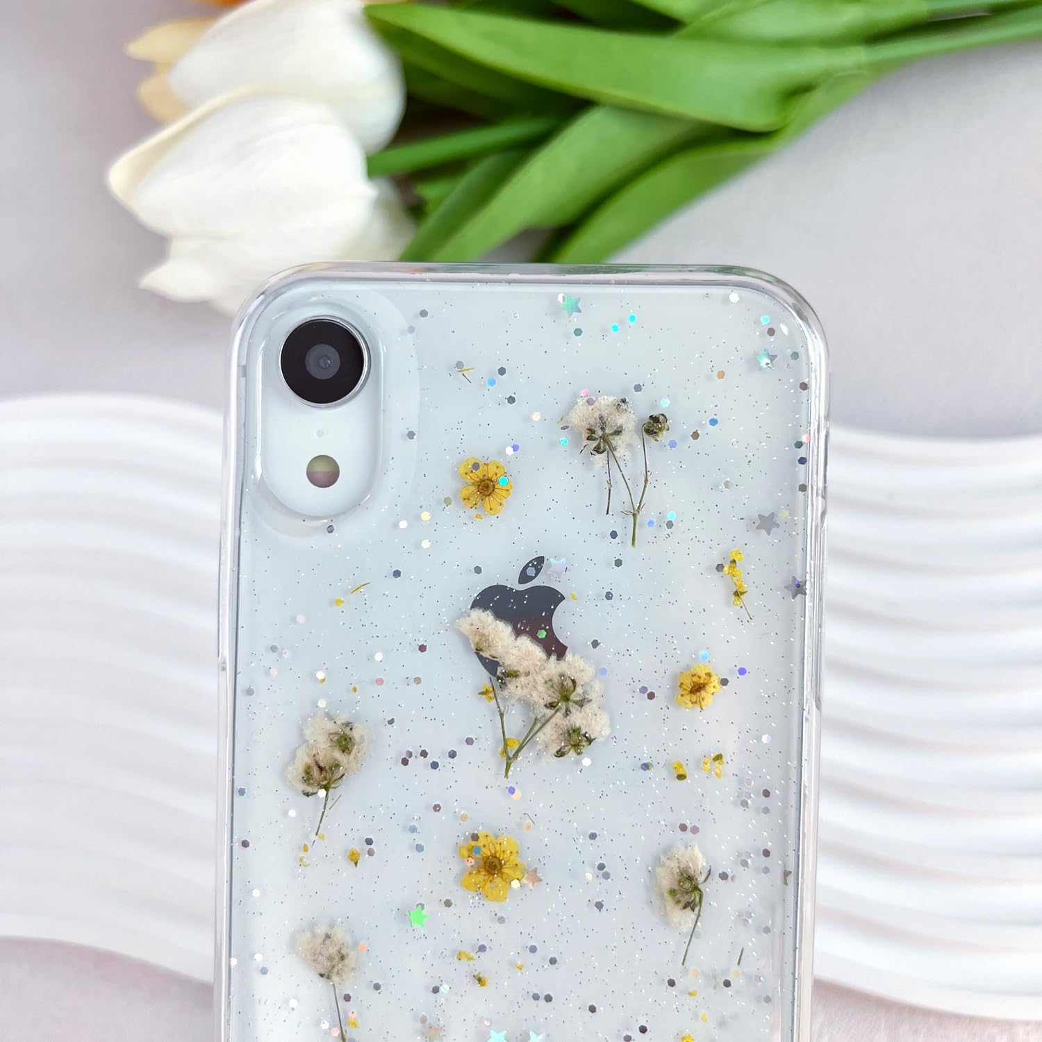 Lseeka For Iphone Xr Clear Case With Pressed Real Flowers Design,Glitter Cute Yellow Floral Pattern Slim Soft Tpu Protective Wom