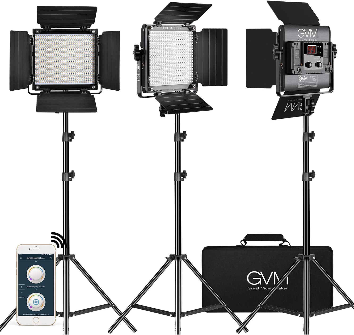Gvm 3 Pack Led Video Lighting Kits With App Control, Bi Color Variable 2300K~6800K With Digital Display Brightness Of 10~100% Fo