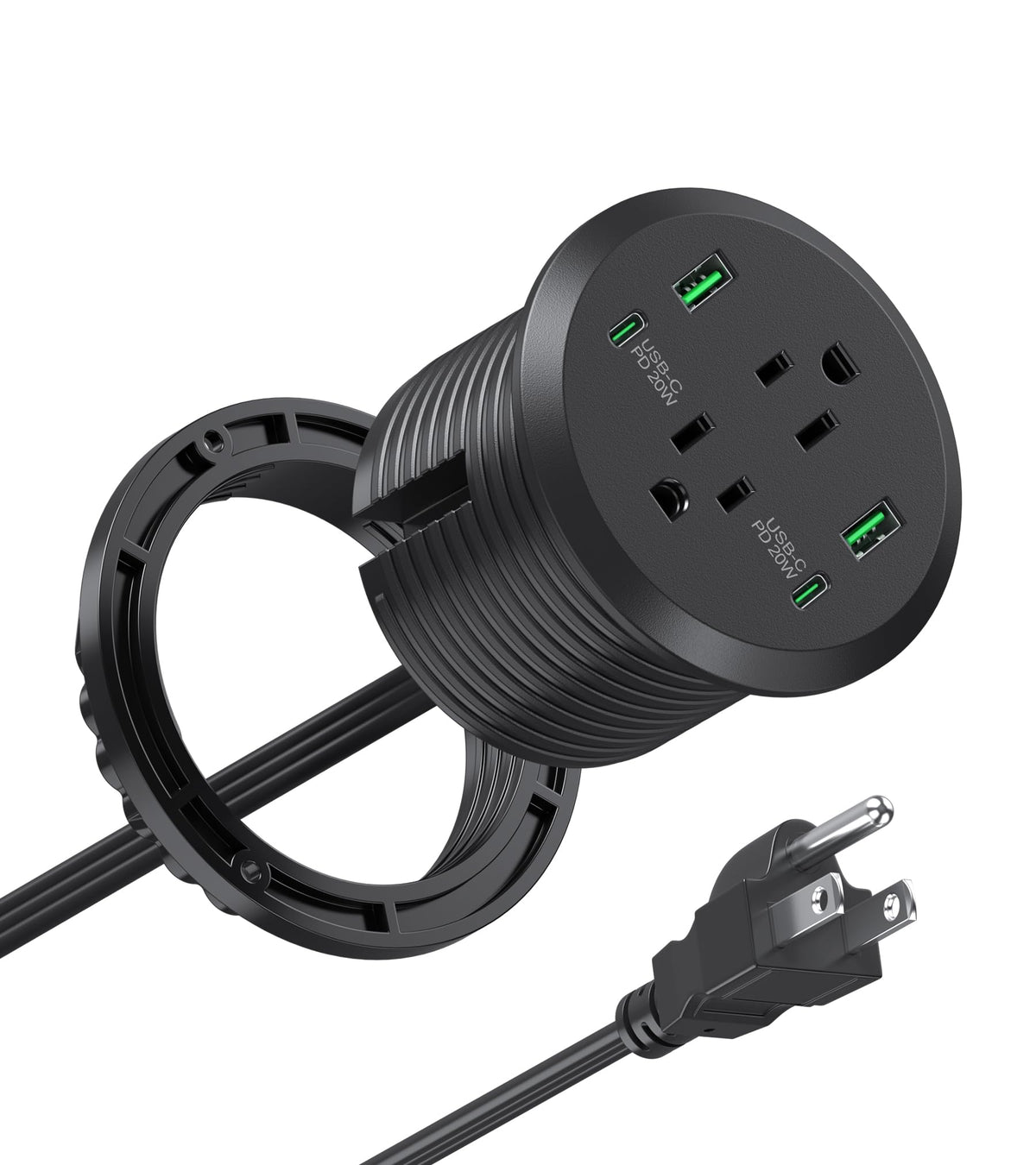 Desktop Power Grommet 3-Inch Hole,40W Total Fast Charging Station, 2 Pd 20W Usb C Port,Flush-Mount Recessed Power Strip, 2 Ac Ou