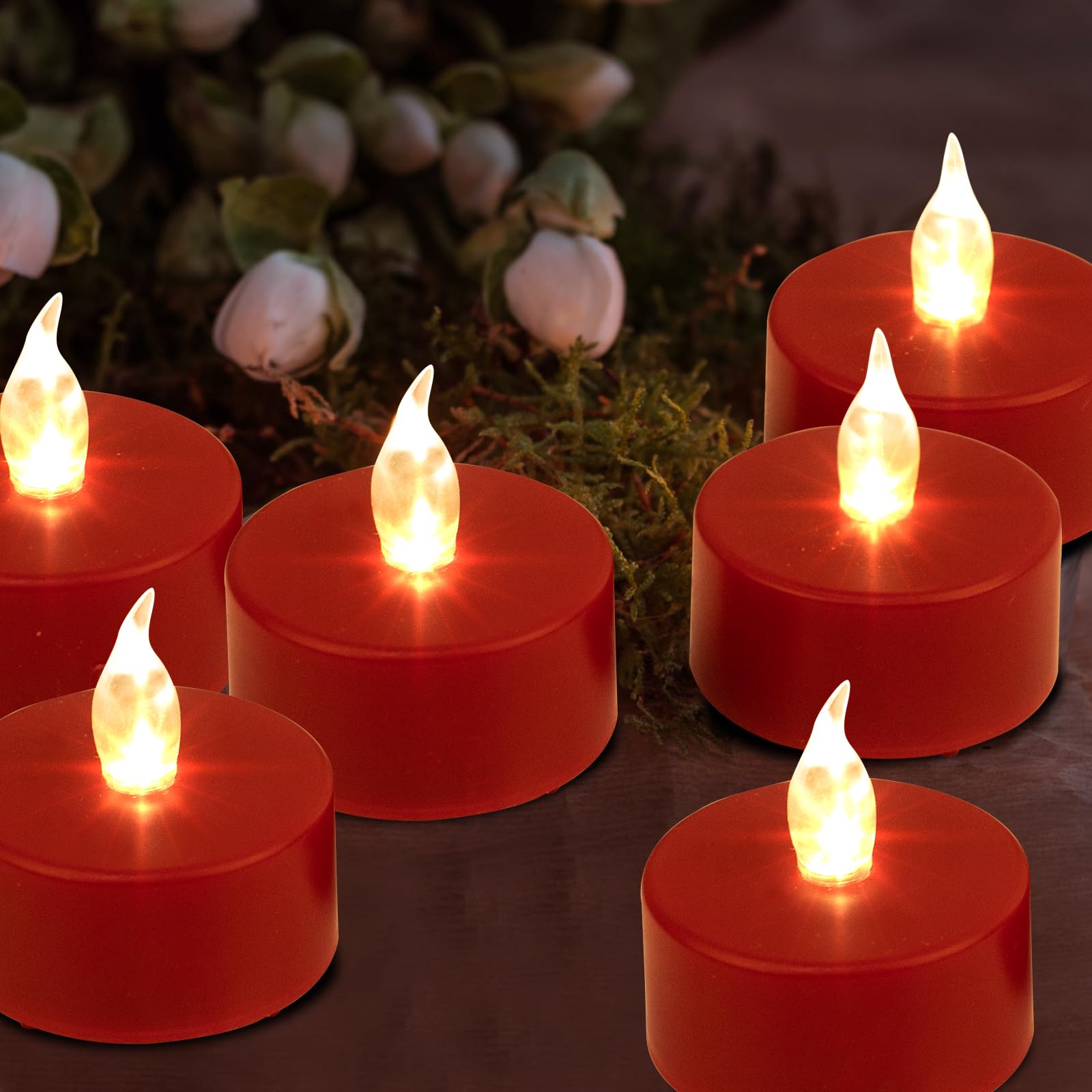 Boakboary Tea Lights Flameless Battery Operated Candles 100Pack Red Led Flickering Votive Candle Long Lasting 200 Hours, Realist
