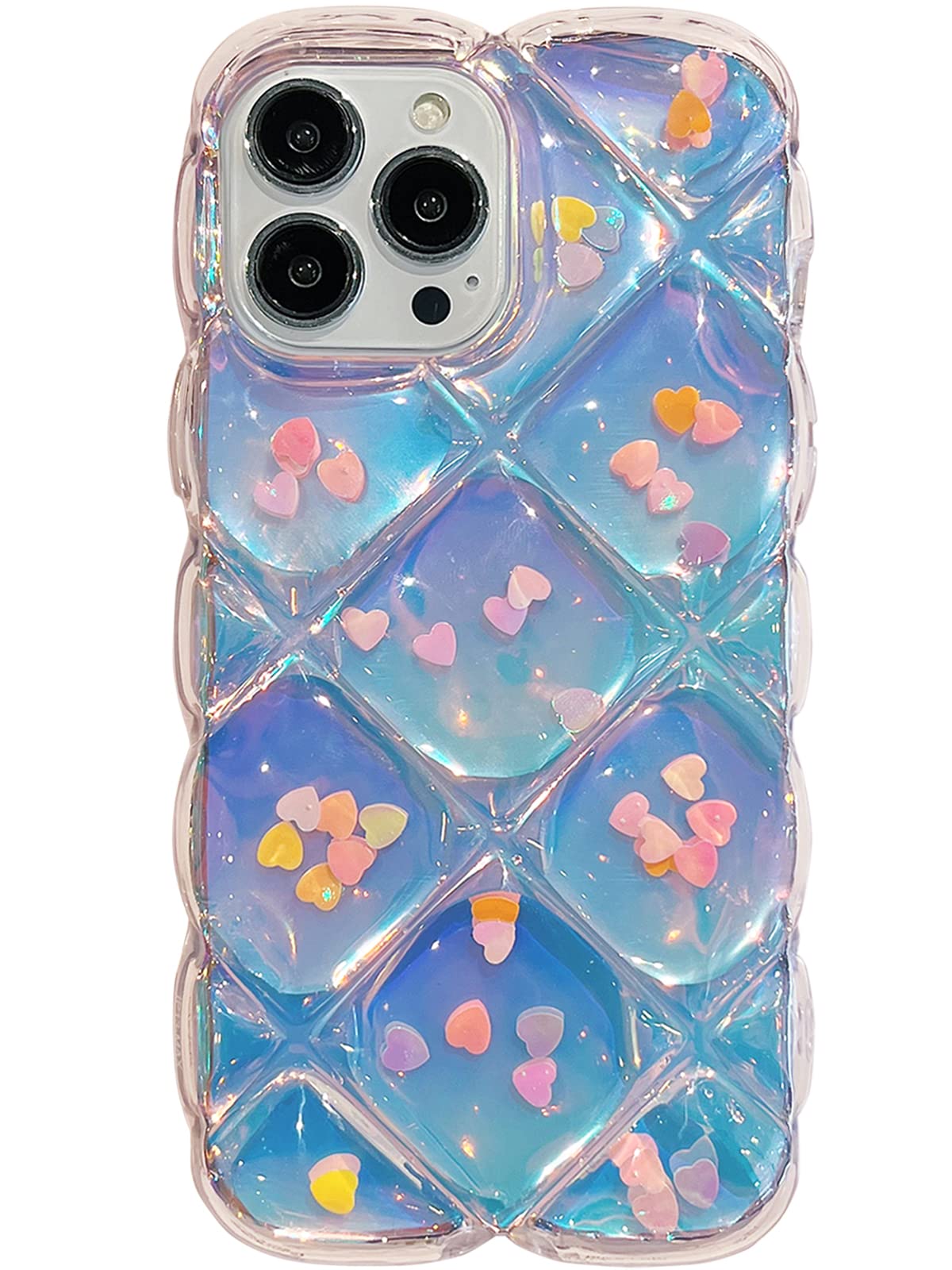 Qokey Compatible With Iphone 14 Pro Case 6.1'',Cute Laser Gradual Bling Love Heart Glitter Clear+Translucent Card Soft Wave Fram