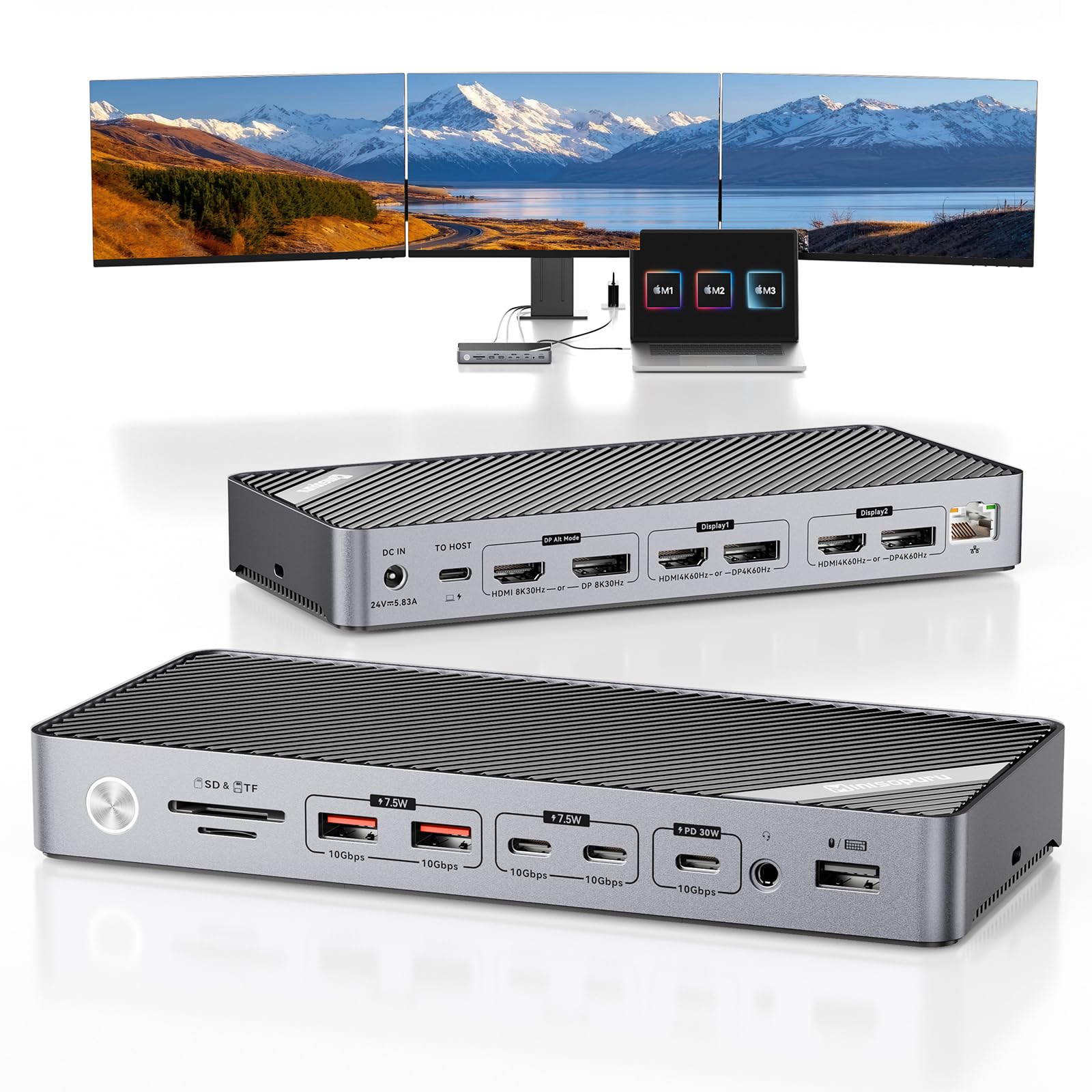Minisopuru DisplayLink Docking Station 3 Monitors with 140W Charger, 30W Charging, 8K/4K USB C Docking Station for MacBook,Thund
