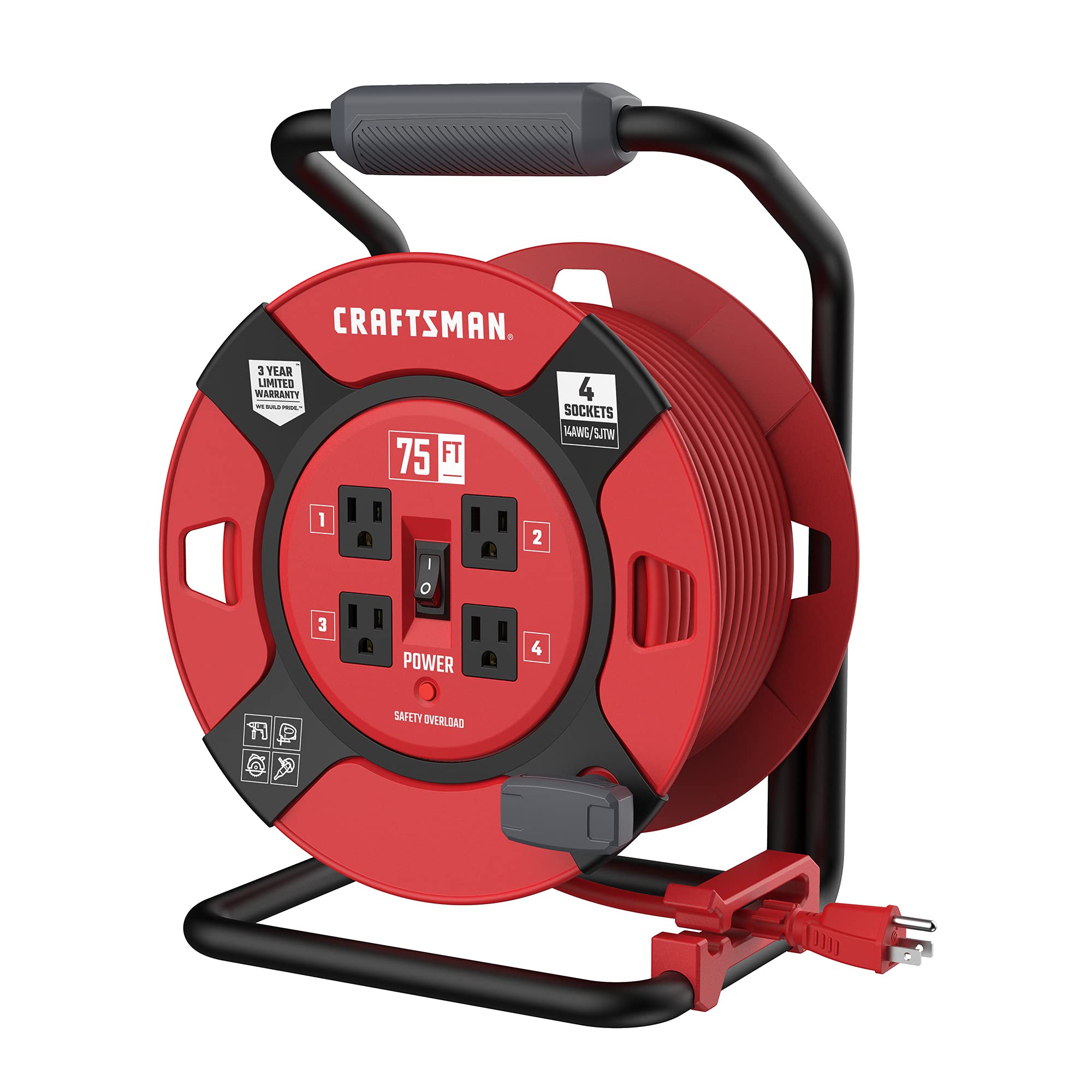 Craftsman Retractable Extension Cord Reel 75 Ft. With 4 Outlets & Heavy Duty 14Awg Sjtw Cable